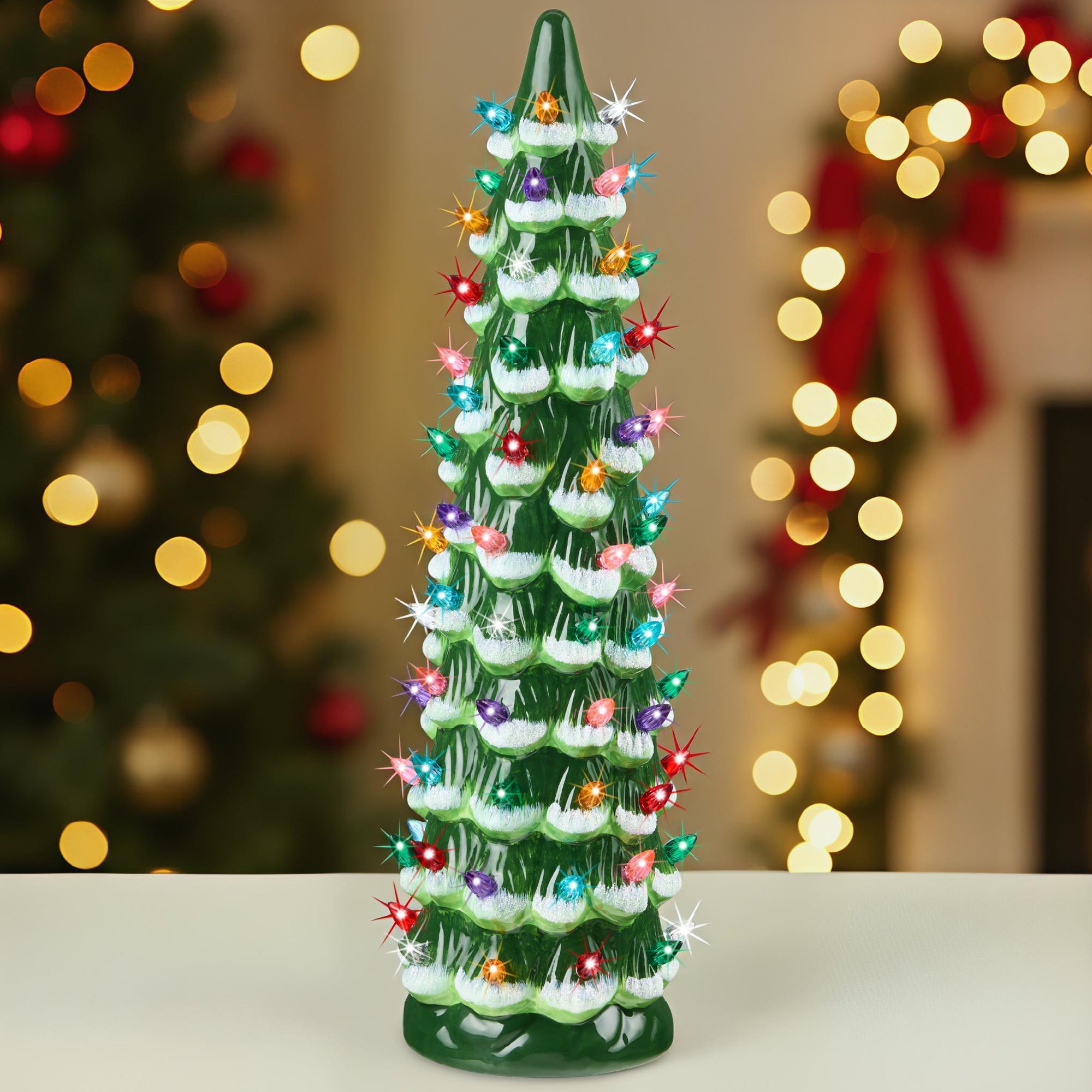15in Ceramic Christmas Tree, Hand-Painted Holiday Decor w/ LED Lights