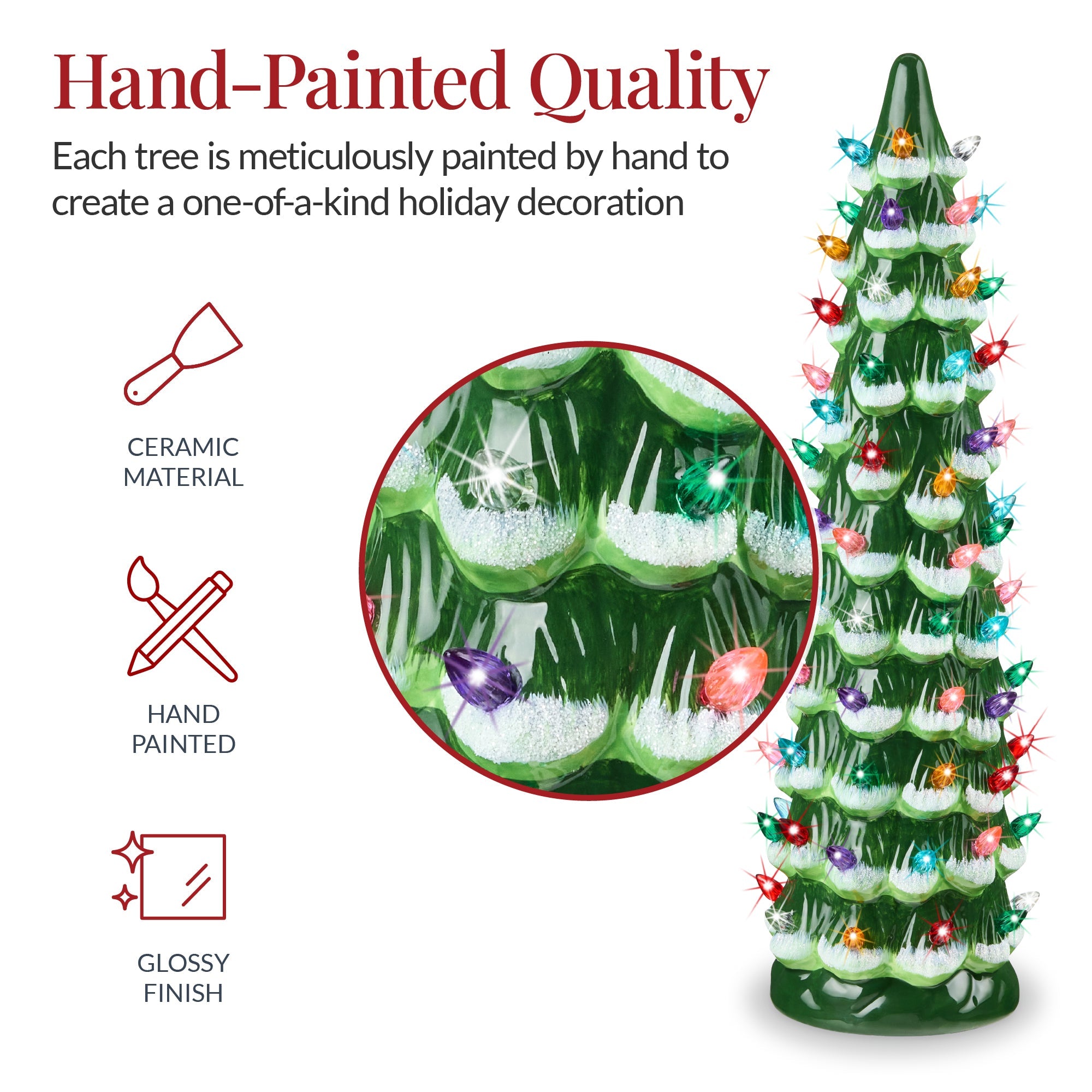 15in Ceramic Christmas Tree, Hand-Painted Holiday Decor w/ LED Lights