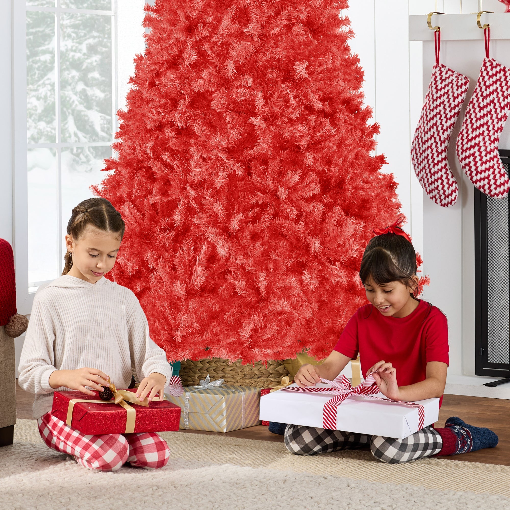 Artificial Red Christmas Tree, Unlit Pine Design w/Easy Assembly
