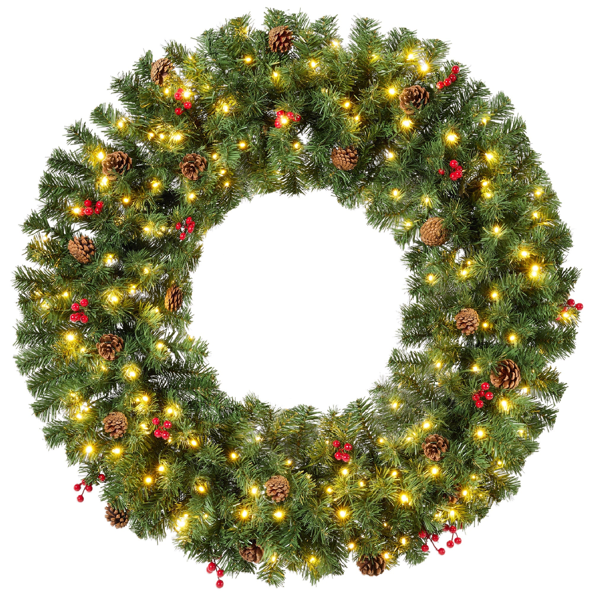 Pre-Lit Artificial Christmas Wreath w/Berries & Pinecones, Lights