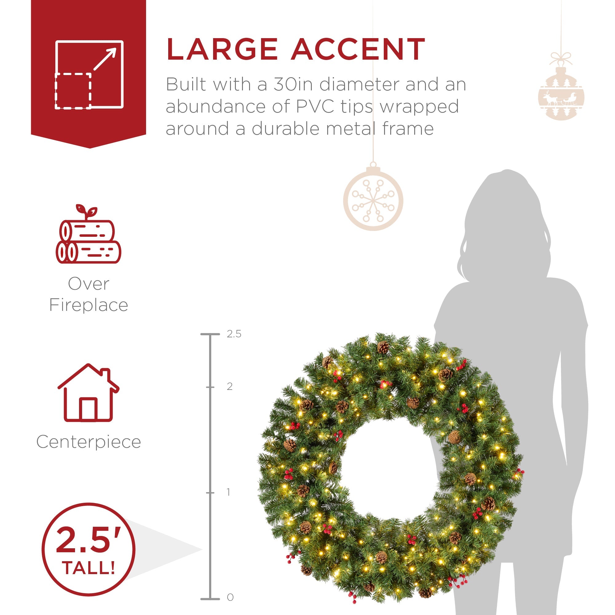 Pre-Lit Artificial Christmas Wreath w/Berries & Pinecones, Lights