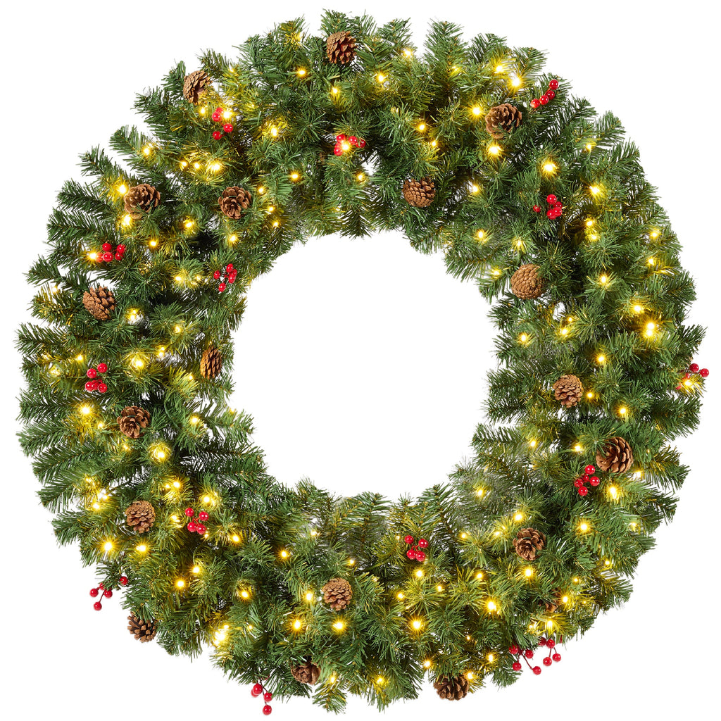 Pre-Lit Artificial Christmas Wreath w/Berries & Pinecones, Lights