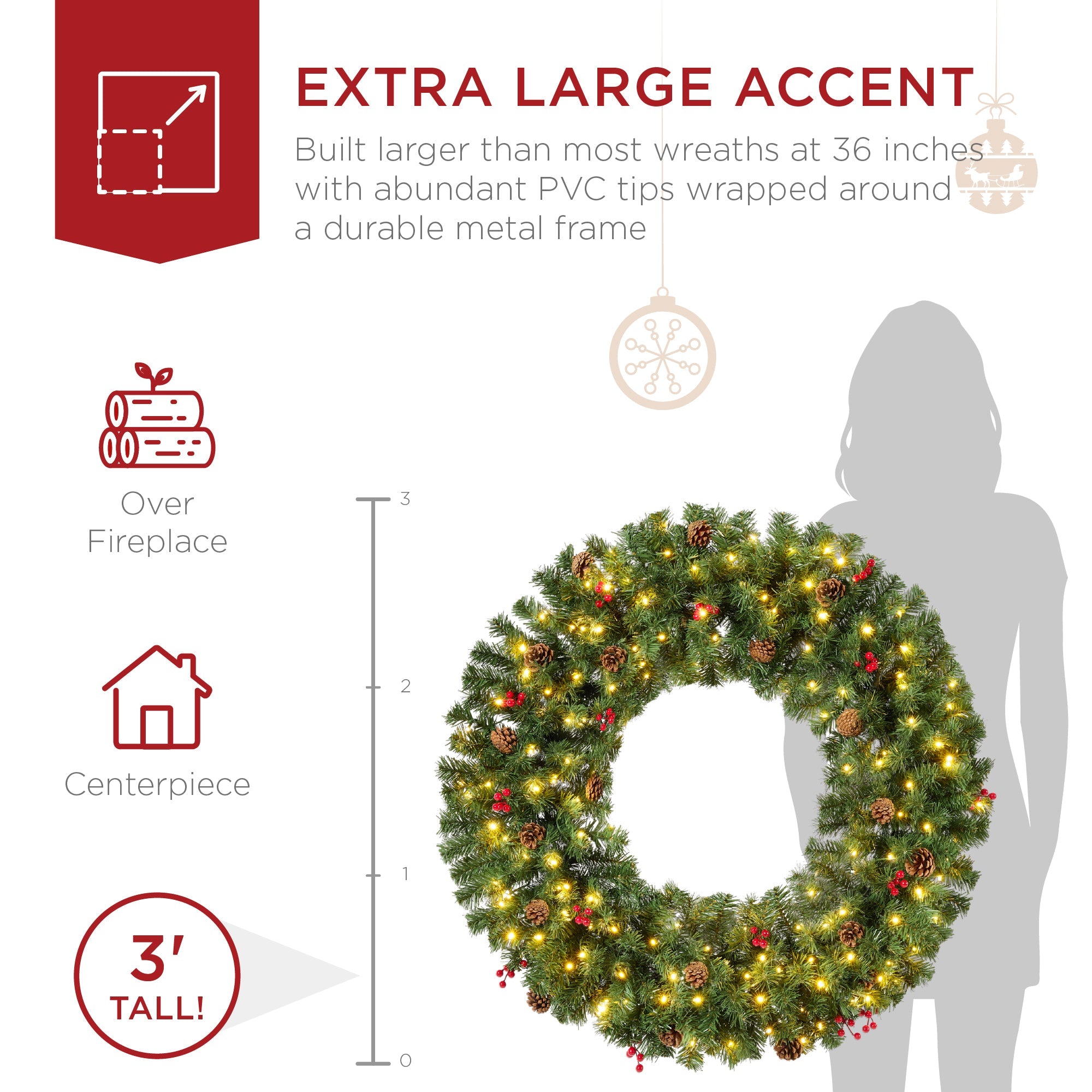 Pre-Lit Artificial Christmas Wreath w/Berries & Pinecones, Lights