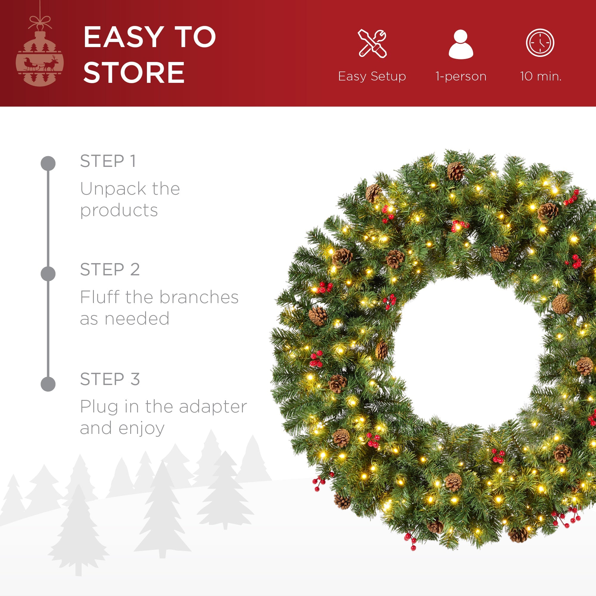 Pre-Lit Artificial Christmas Wreath w/Berries & Pinecones, Lights