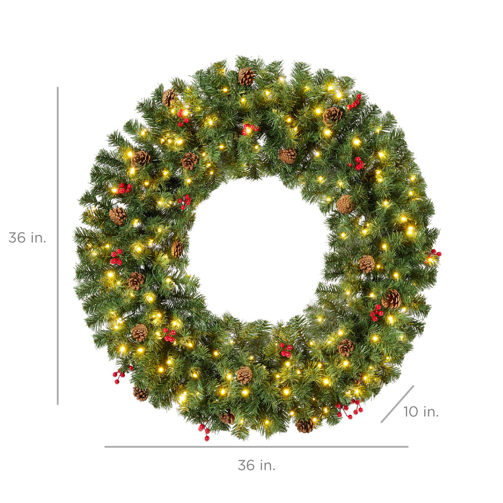 Pre-Lit Artificial Christmas Wreath w/Berries & Pinecones, Lights