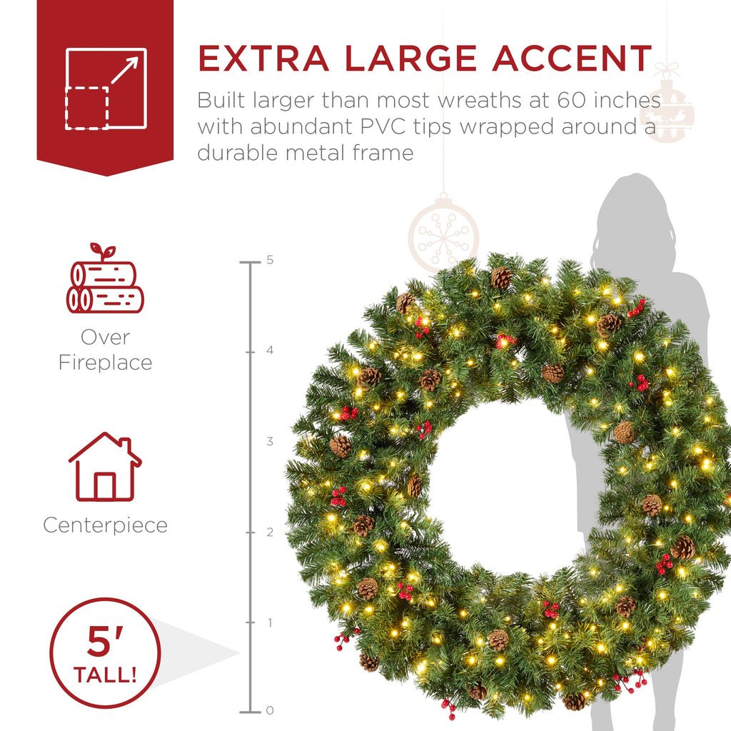 Pre-Lit Artificial Christmas Wreath w/Berries & Pinecones, Lights