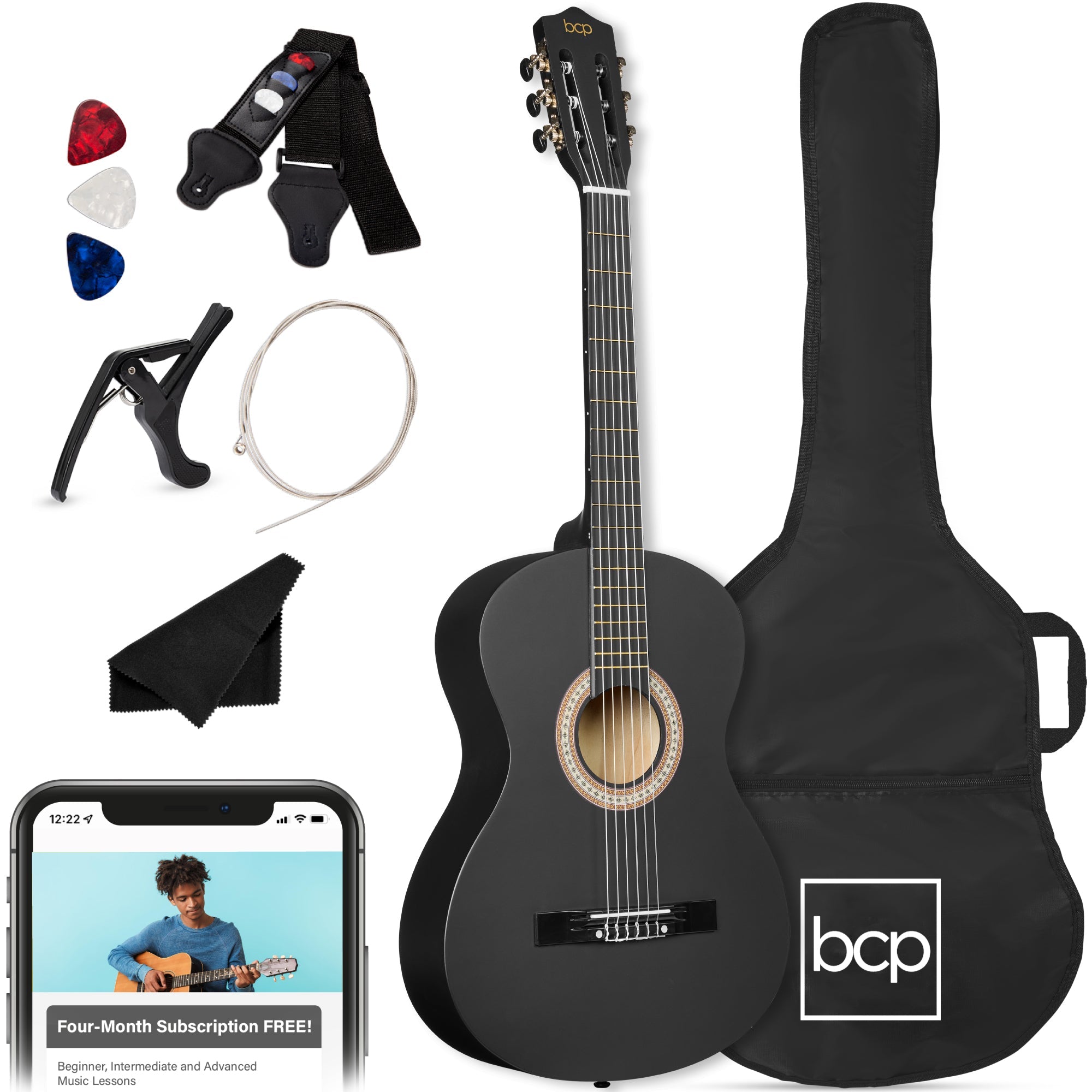 Beginner Acoustic Guitar Set w/ Case, Strap, Extra Strings - 38in