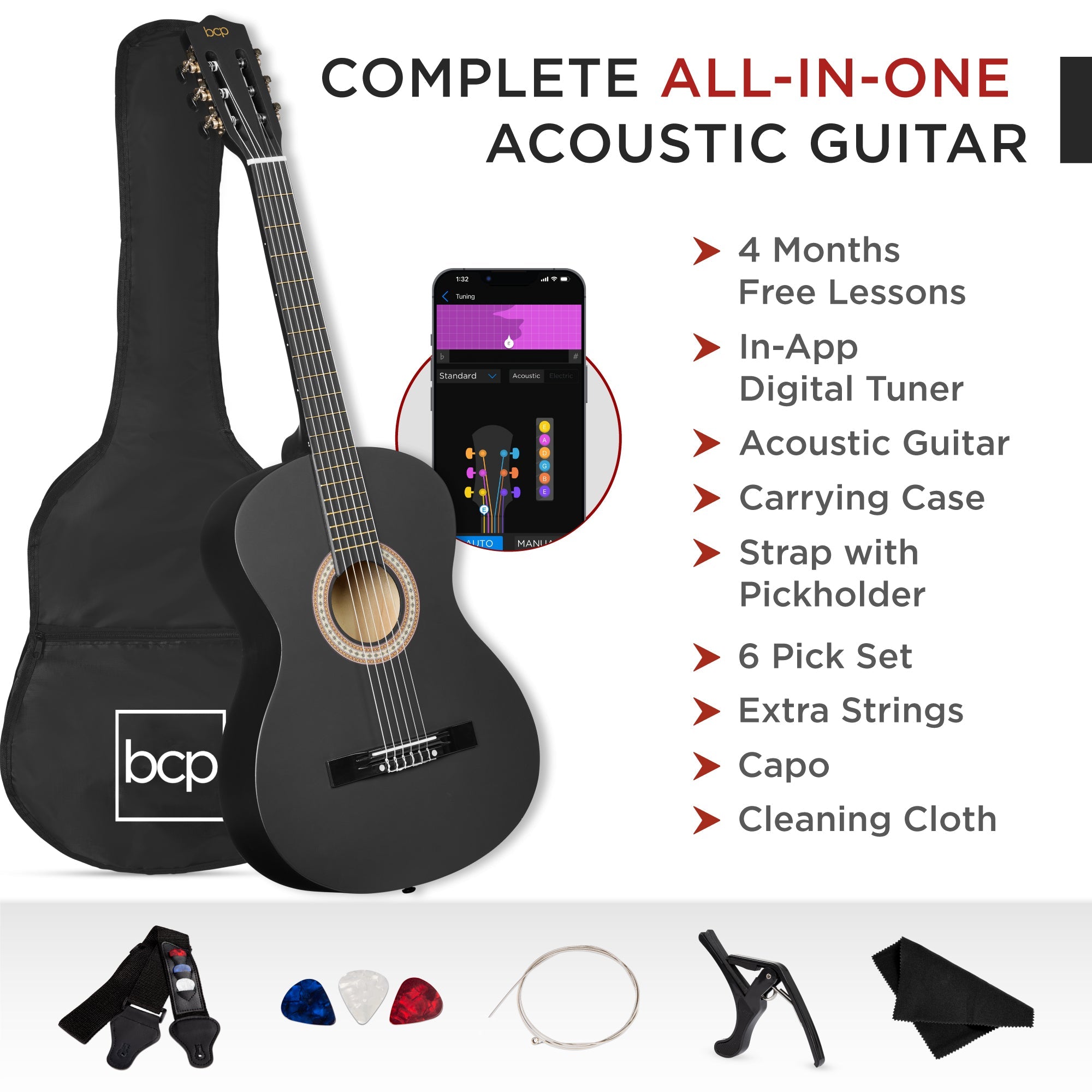 Beginner Acoustic Guitar Set w/ Case, Strap, Extra Strings - 38in