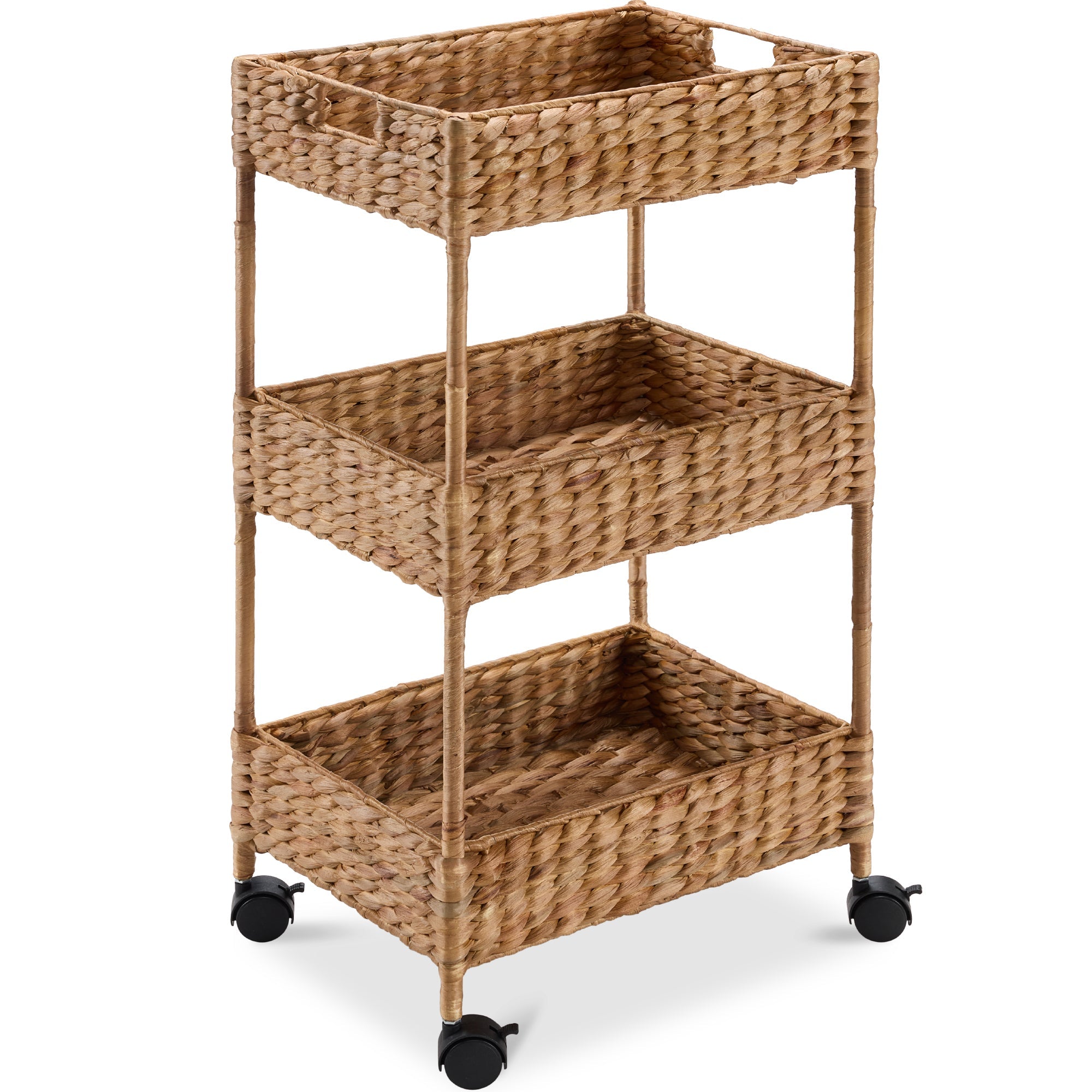 3-Tier Water Hyacinth Rolling Utility Cart w/ Weaved Baskets  Natural
