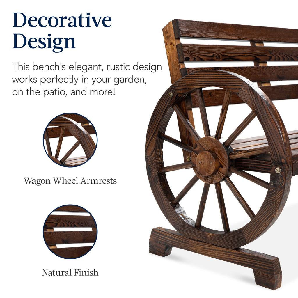 2-Person Rustic Wooden Wagon Wheel Bench w/ Slatted Seat and Backrest