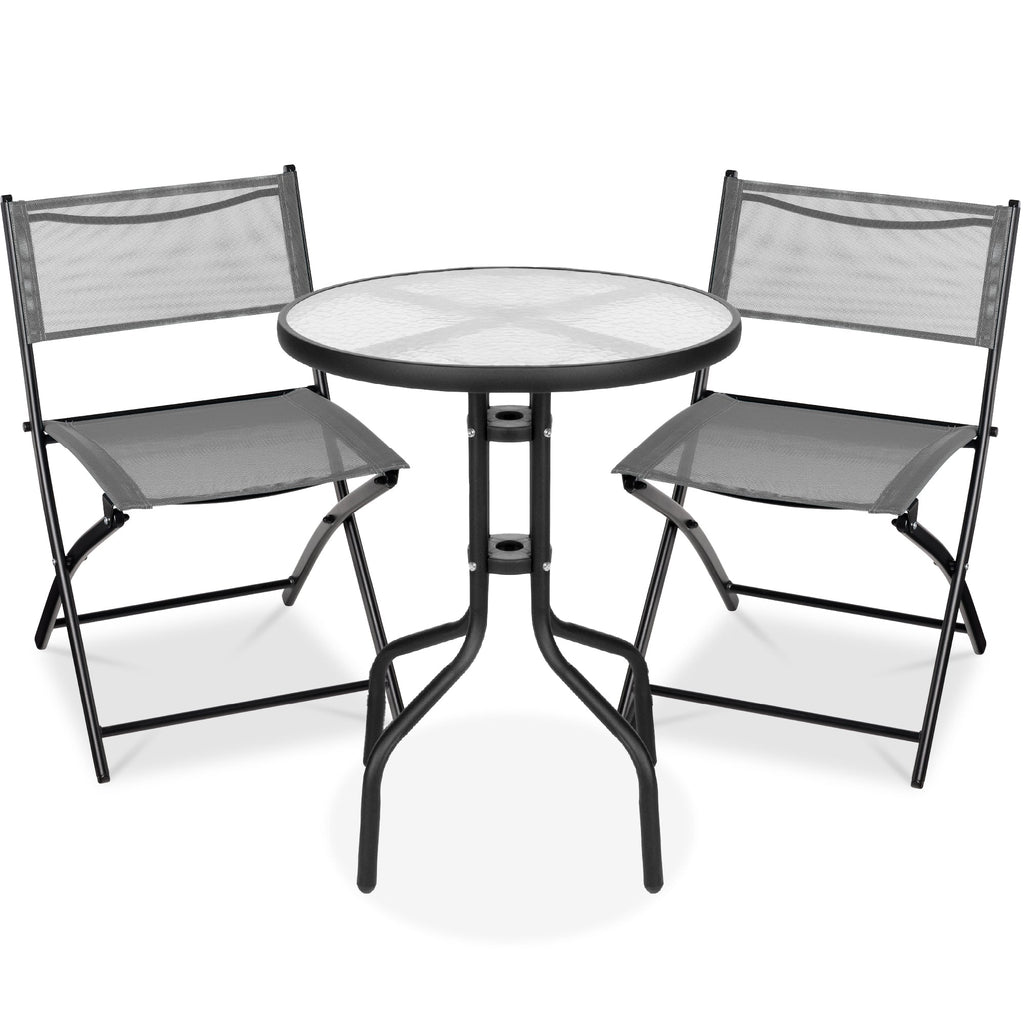 3-Piece Bistro Set w/ Glass Table, 2 Foldable Chairs