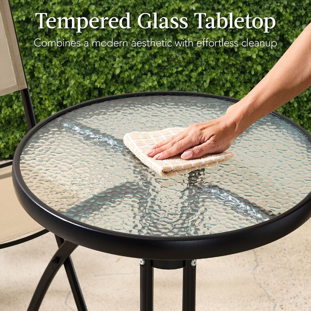 3-Piece Bistro Set w/ Glass Table, 2 Foldable Chairs