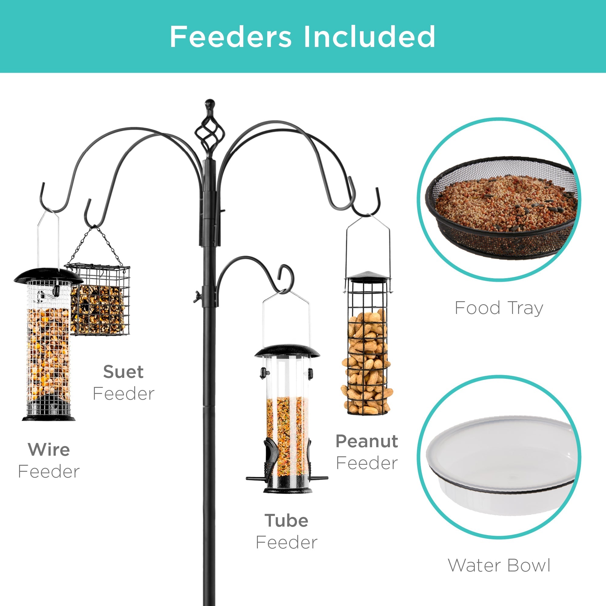 Bird Feeding Station, 6-Hook Steel Multi-Feeder Stand w/ 4 Feeders - 89in