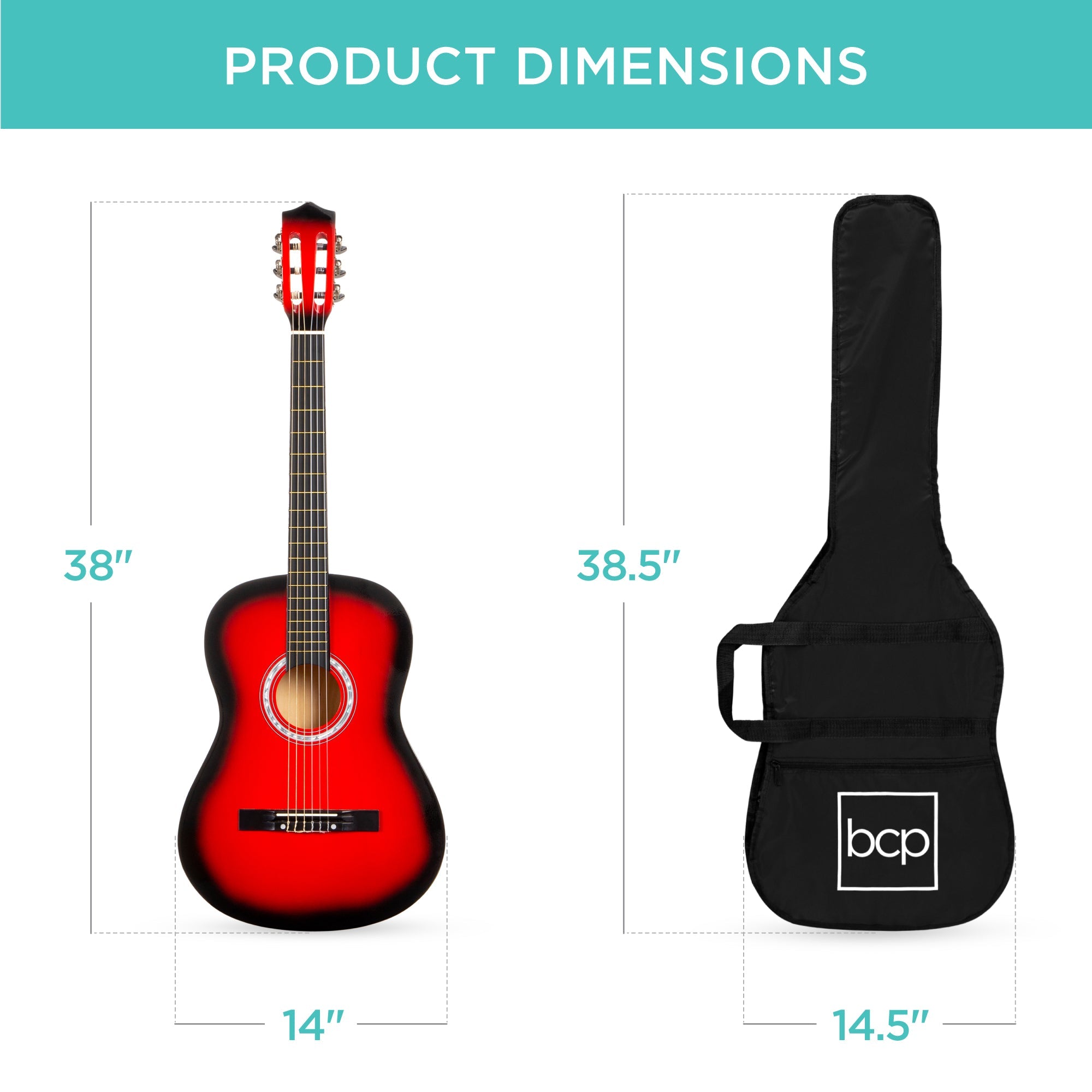 Beginner Acoustic Guitar Set w/ Case, Strap, Extra Strings - 38in