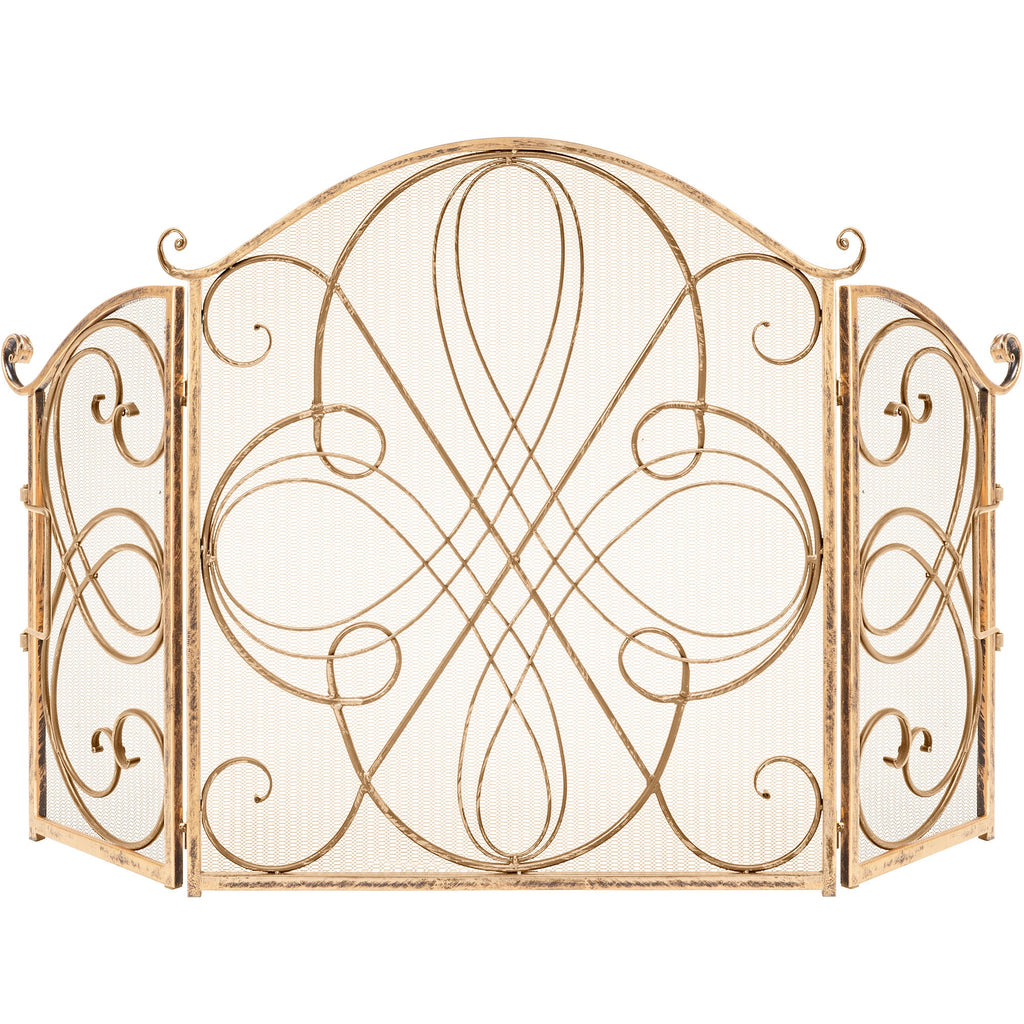 3-Panel Wrought Iron Metal Fireplace Screen Cover w/ Scroll Design - 55x33in