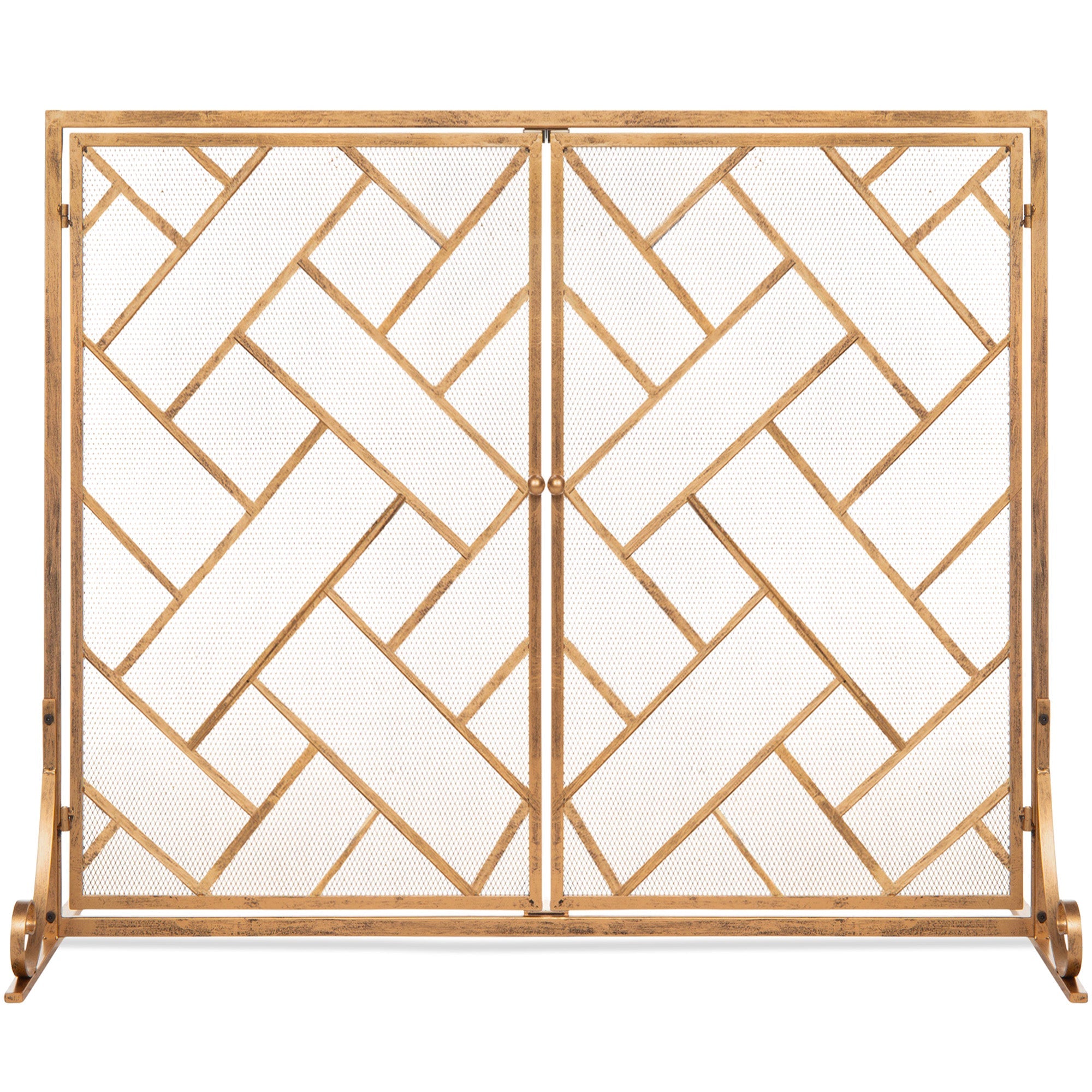 2-Panel Wrought Iron Geometric Fireplace Screen w/ Magnetic Doors - 44x33in