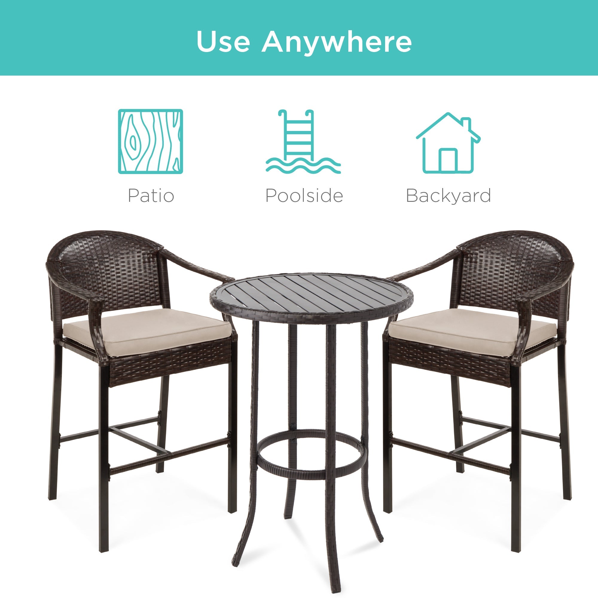 3-Piece Outdoor Bistro Wicker Table Bar Set w/ Bar Stools, Footrests