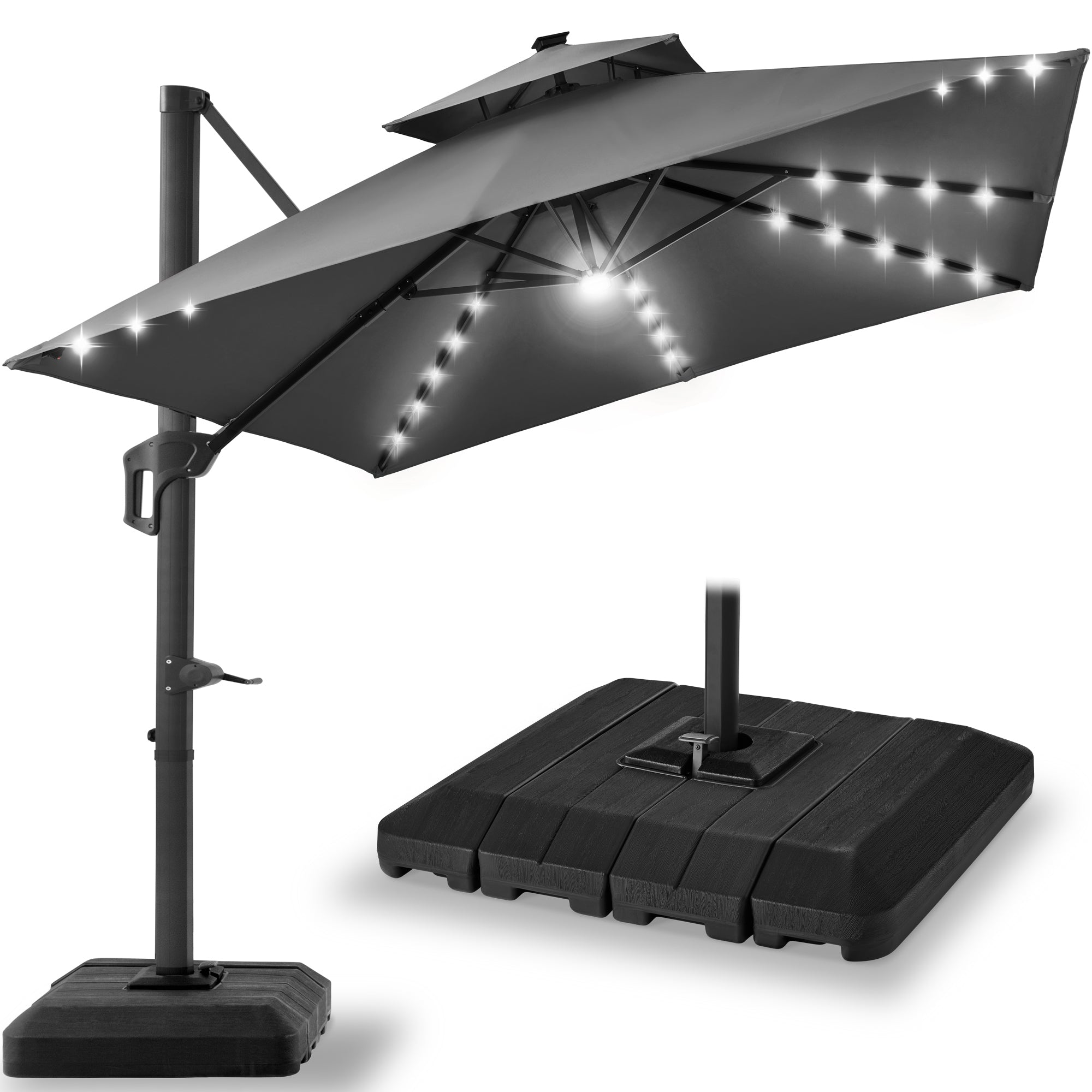 2-Tier Square LED Cantilever Offset Umbrella w/ 360 Rotation, Base - 10x10ft