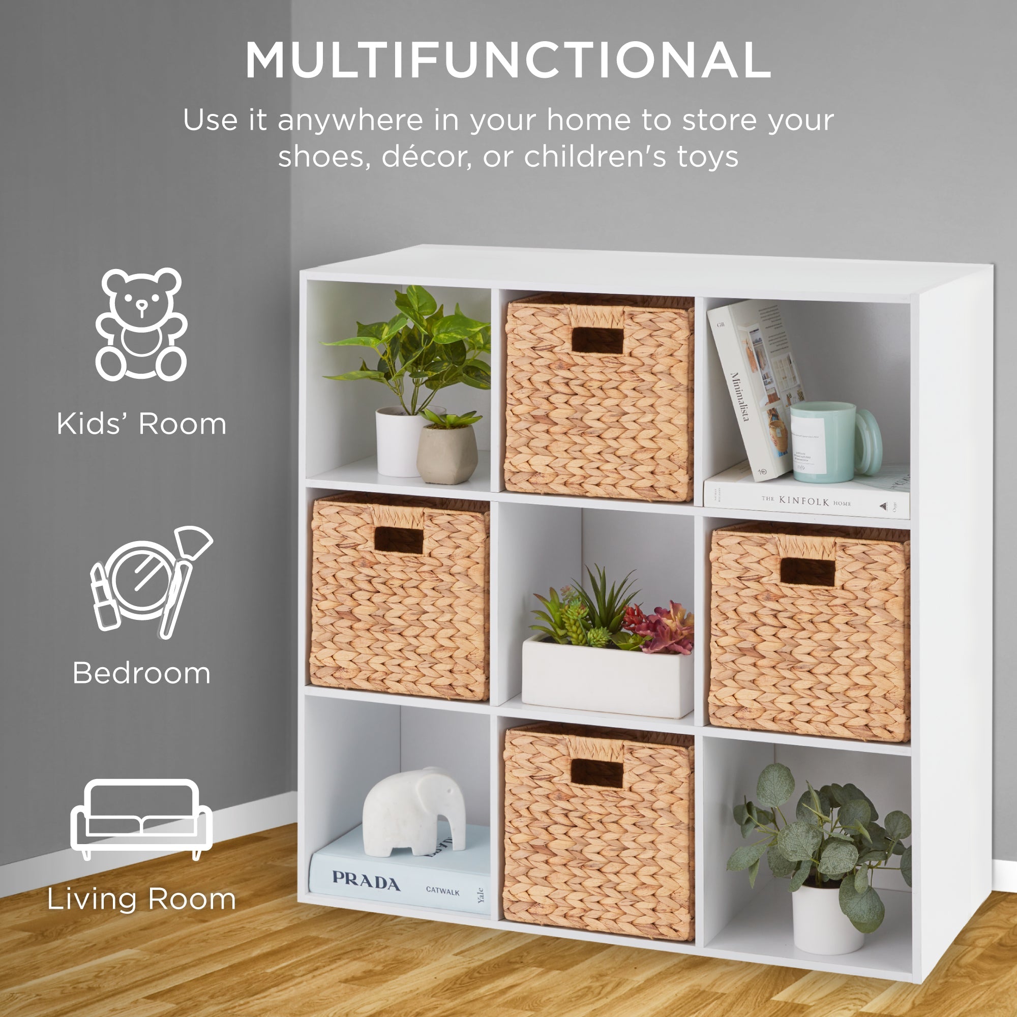 9-Cube Bookshelf Storage Display w/ 3 Removable Panels, Customizable Design