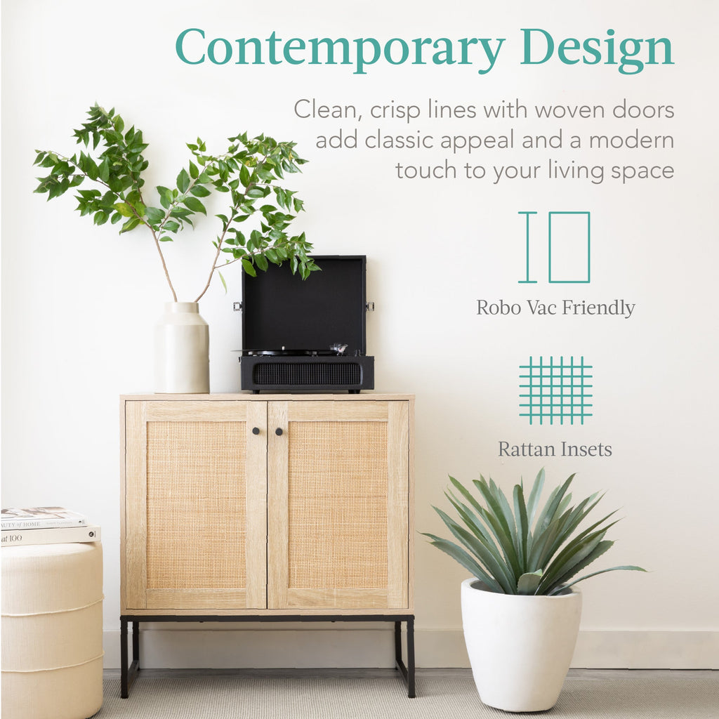 2-Door Rattan Storage Cabinet Accent Furniture for Living Room w/ Foot Pads