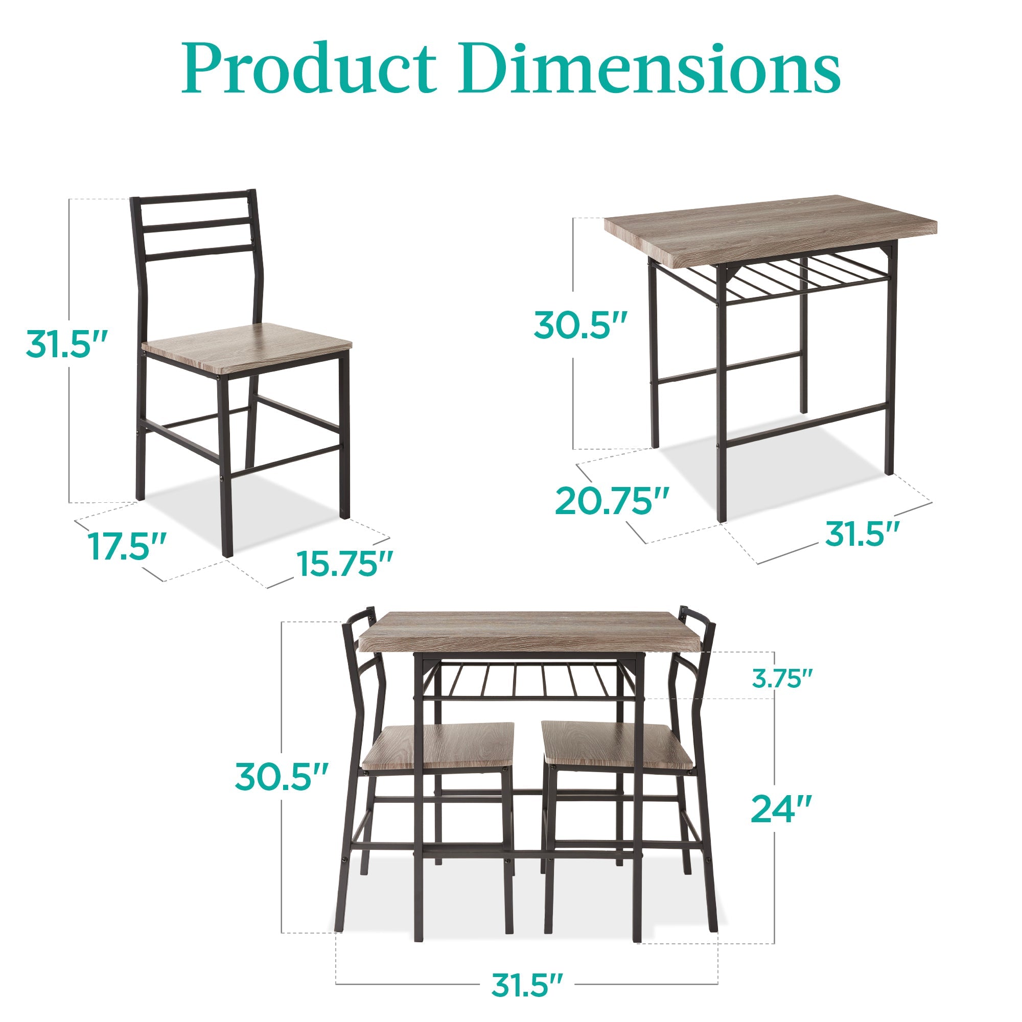 3-Piece Modern Square Dining Set w/ Storage Rack