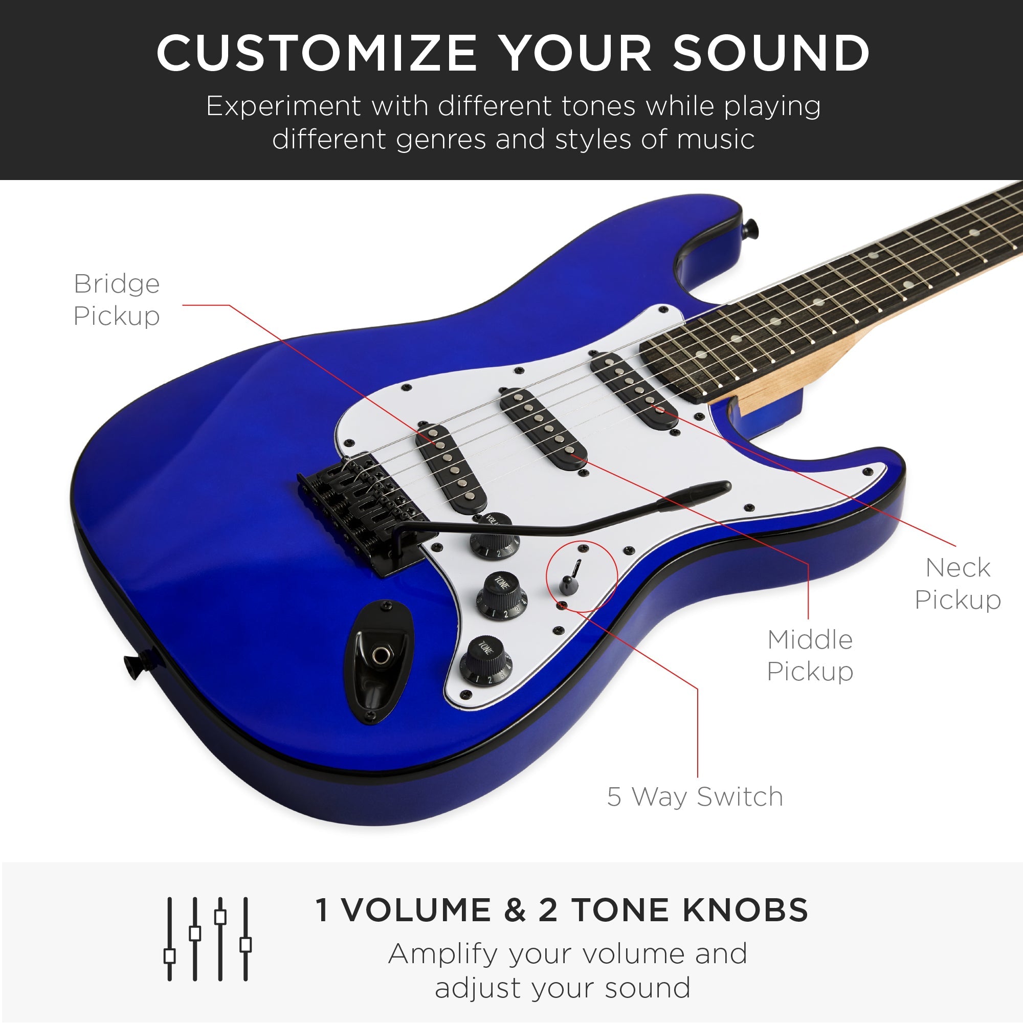 Beginner Electric Guitar Kit w/ Case, 10W Amp, Tremolo Bar - 39in