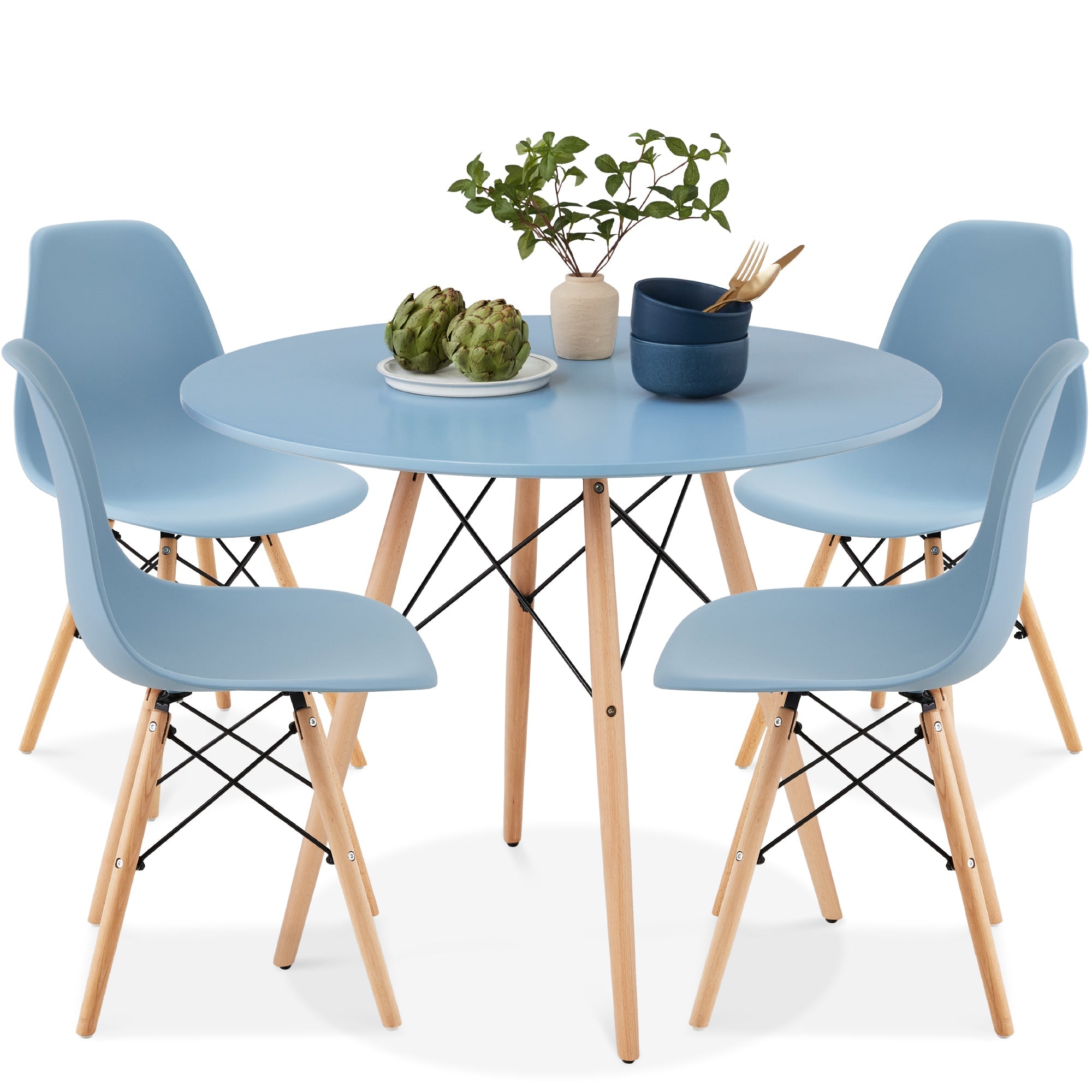 5-Piece Mid-Century Modern Dining Set w/ 4 Chairs, Wooden Legs, Metal Frame