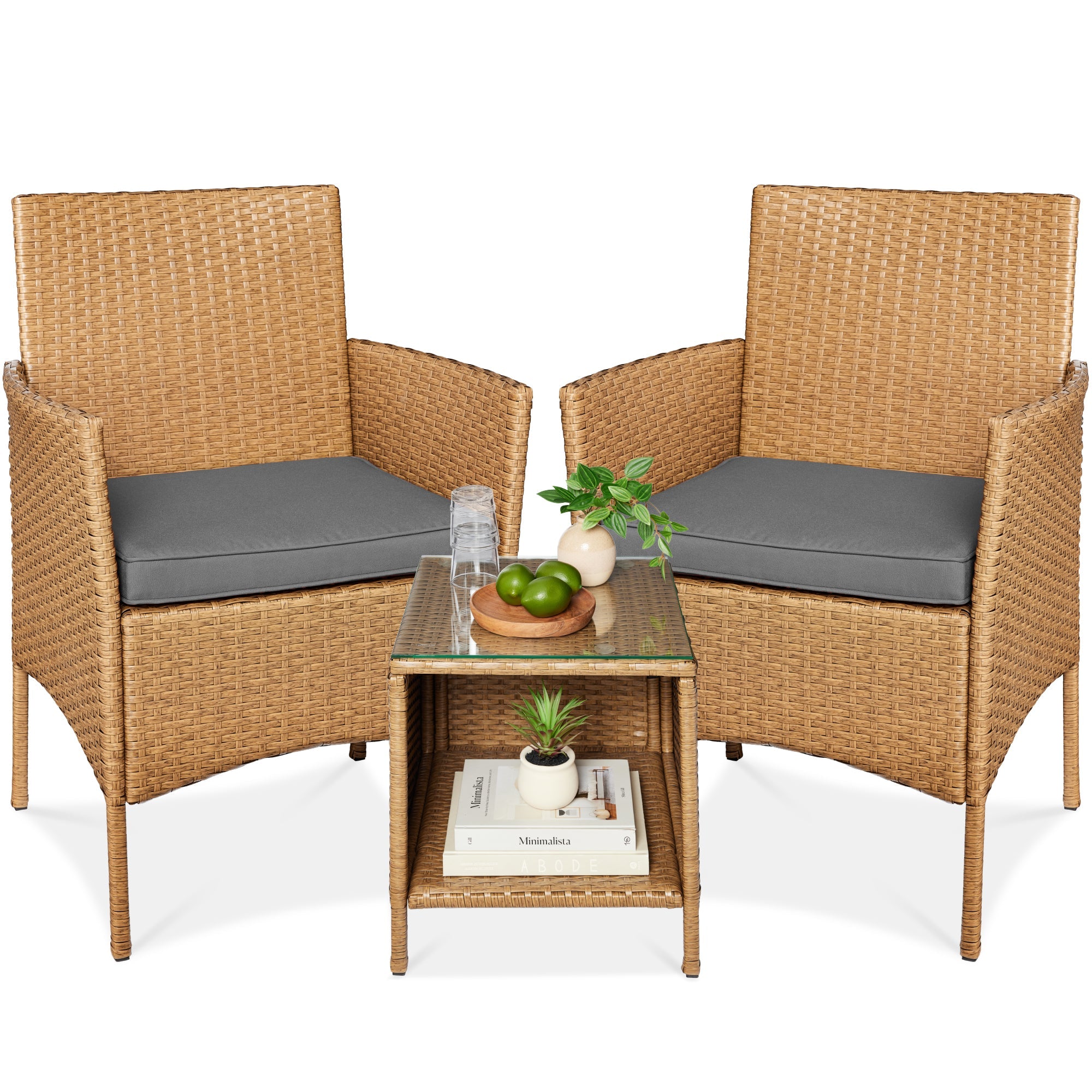 3-Piece Outdoor Patio Wicker Bistro Set w/ Side Storage Table
