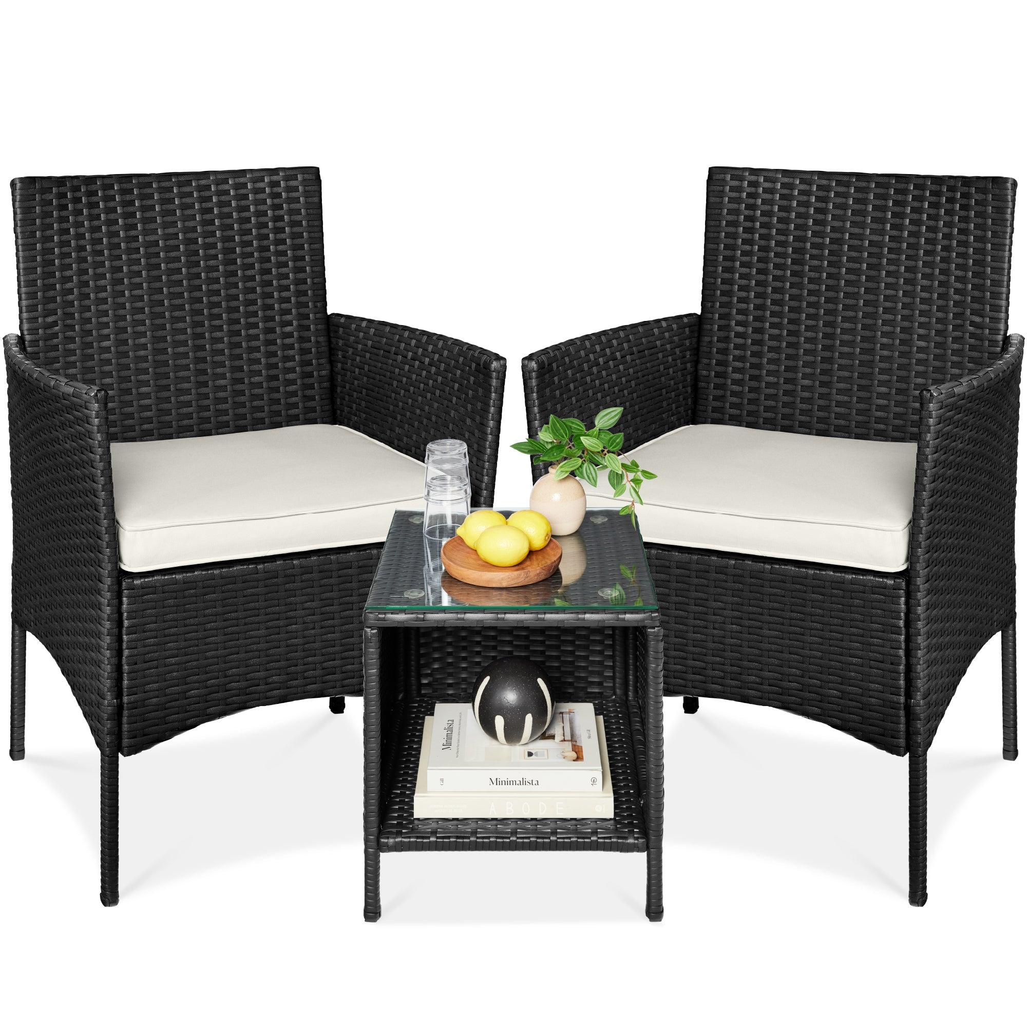 3-Piece Outdoor Patio Wicker Bistro Set w/ Side Storage Table