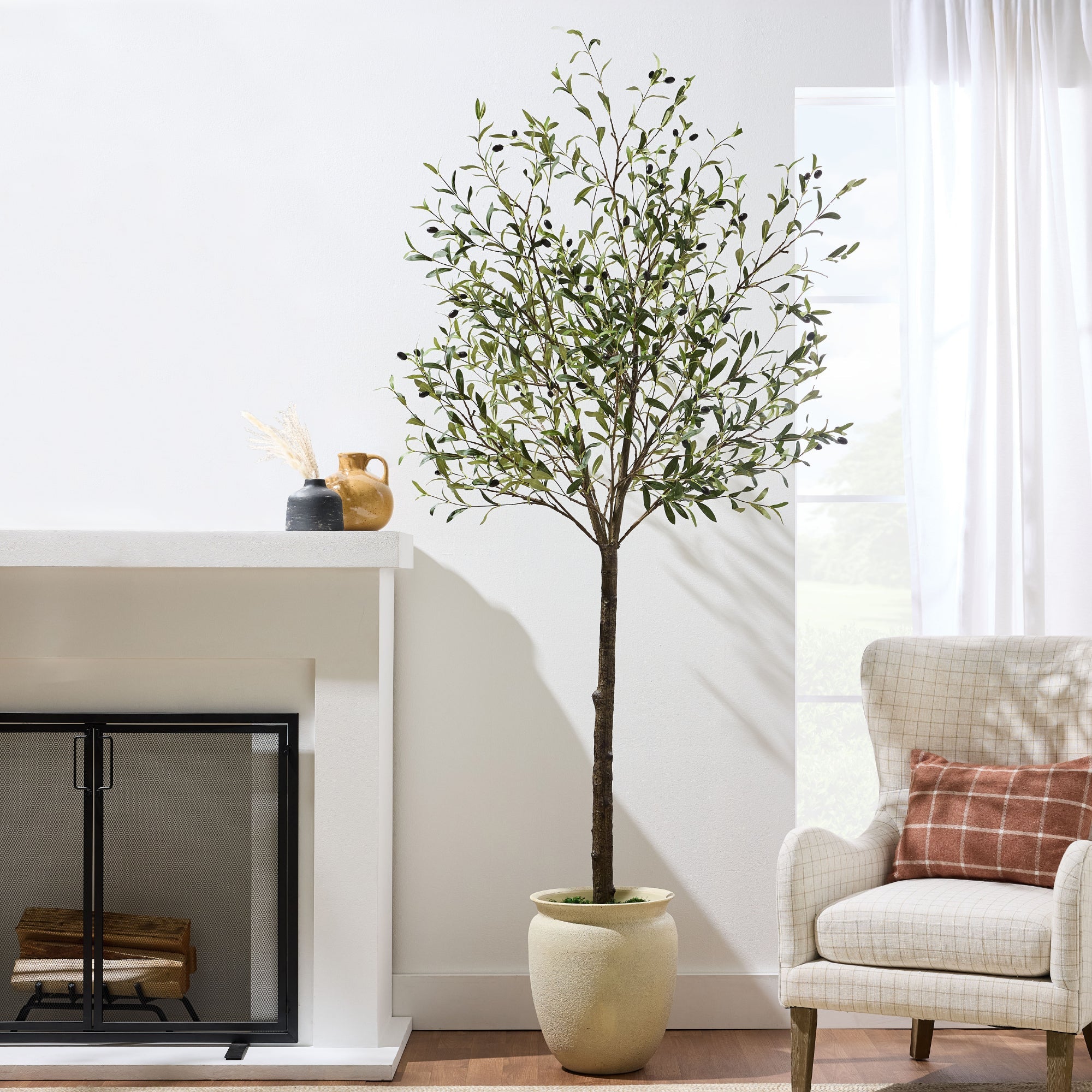 Artificial Olive Tree, Lifelike Faux Tree w/ White Pot, Decorative Olives