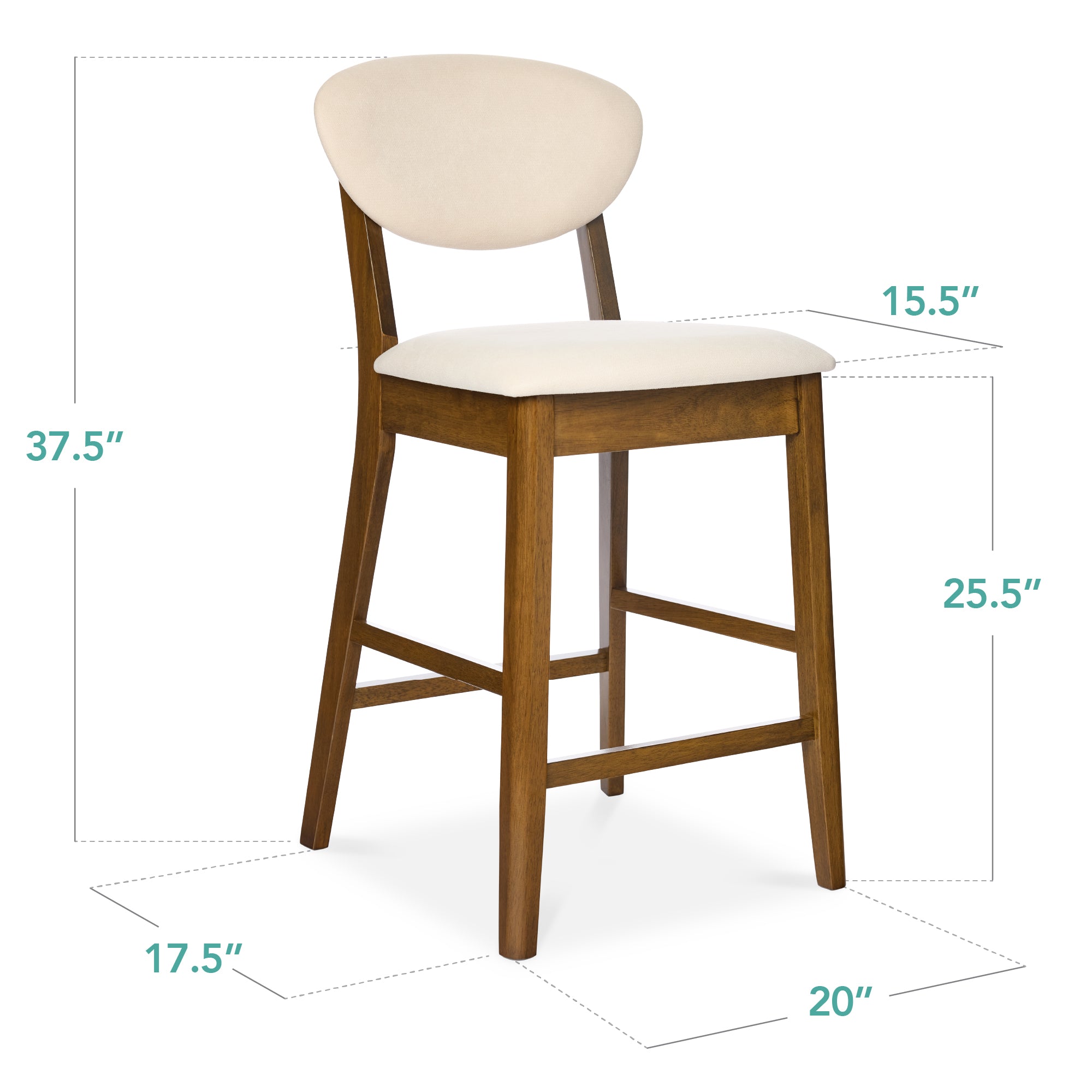 2-Piece Mid-Century Modern Wood & Upholstered Counter Height Bar Stool Set