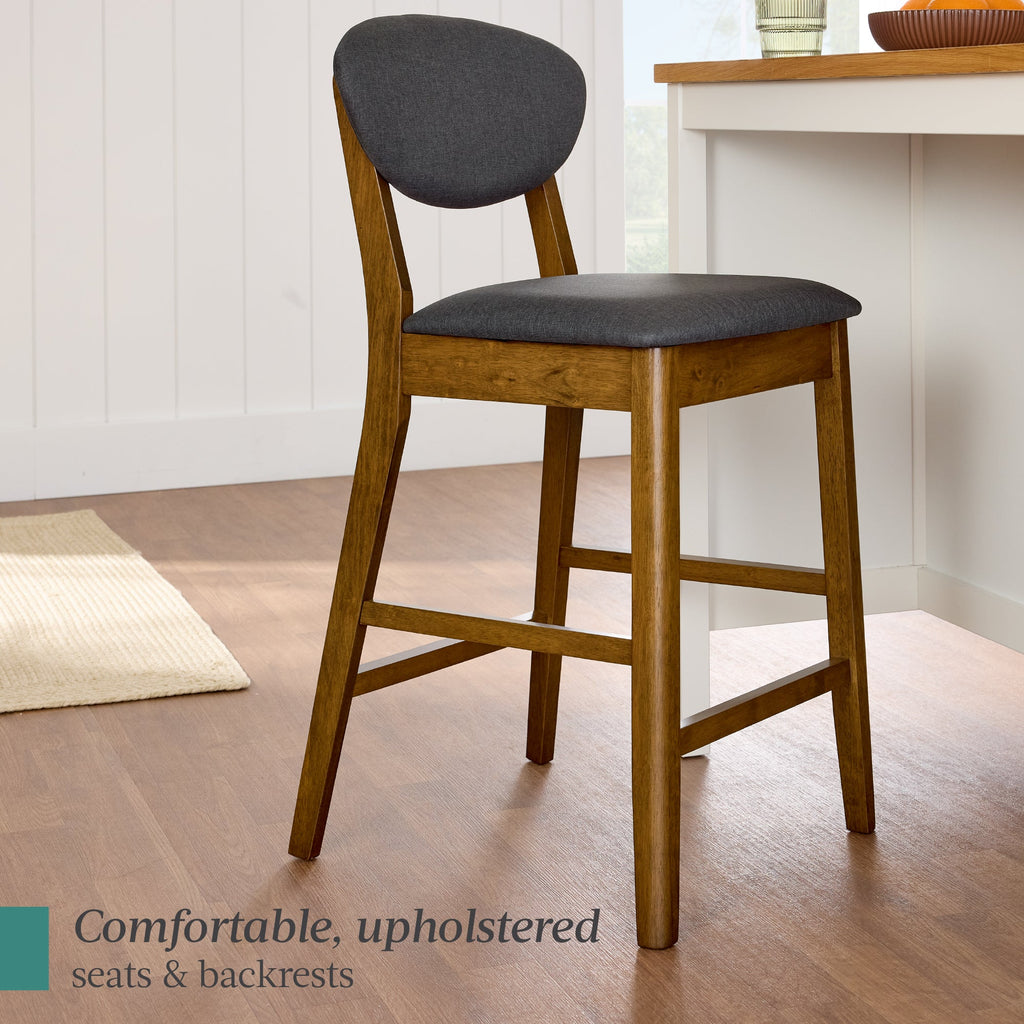2-Piece Mid-Century Modern Wood & Upholstered Counter Height Bar Stool Set