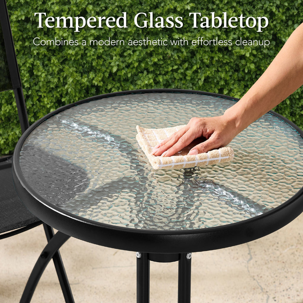 3-Piece Bistro Set w/ Glass Table, 2 Foldable Chairs