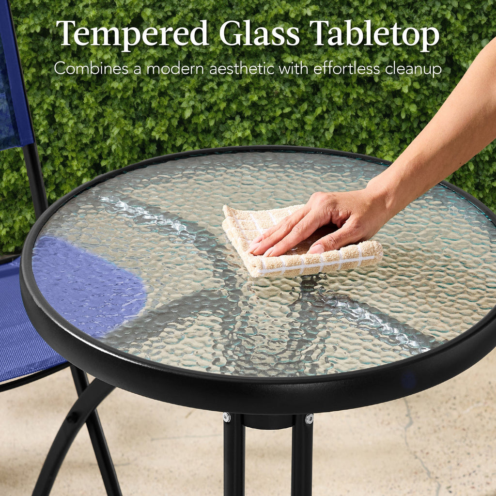 3-Piece Bistro Set w/ Glass Table, 2 Foldable Chairs