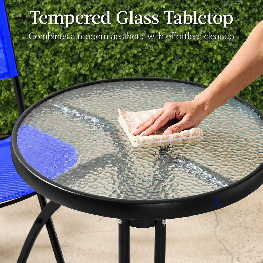 3-Piece Bistro Set w/ Glass Table, 2 Foldable Chairs