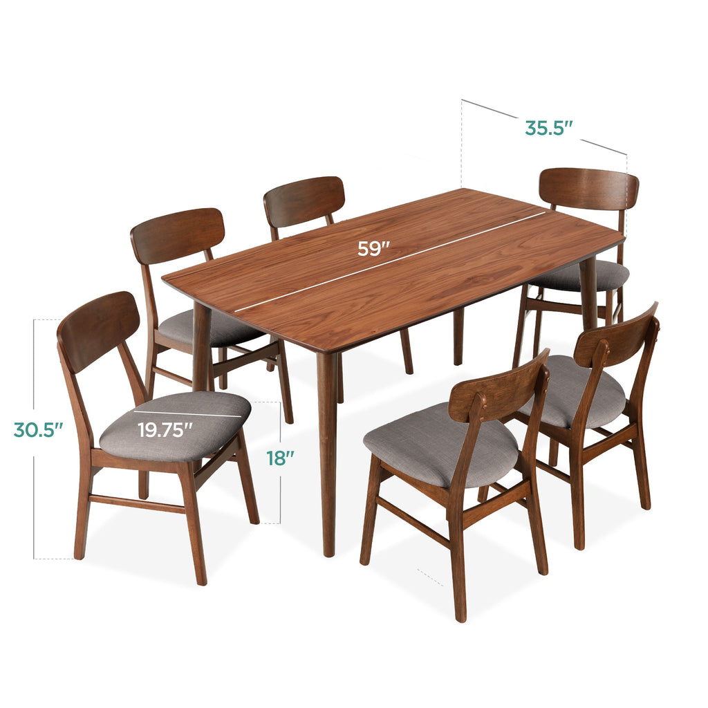 7-Piece Mid-Century Modern Dining Set, Wood Upholstered w/ 6 Chairs