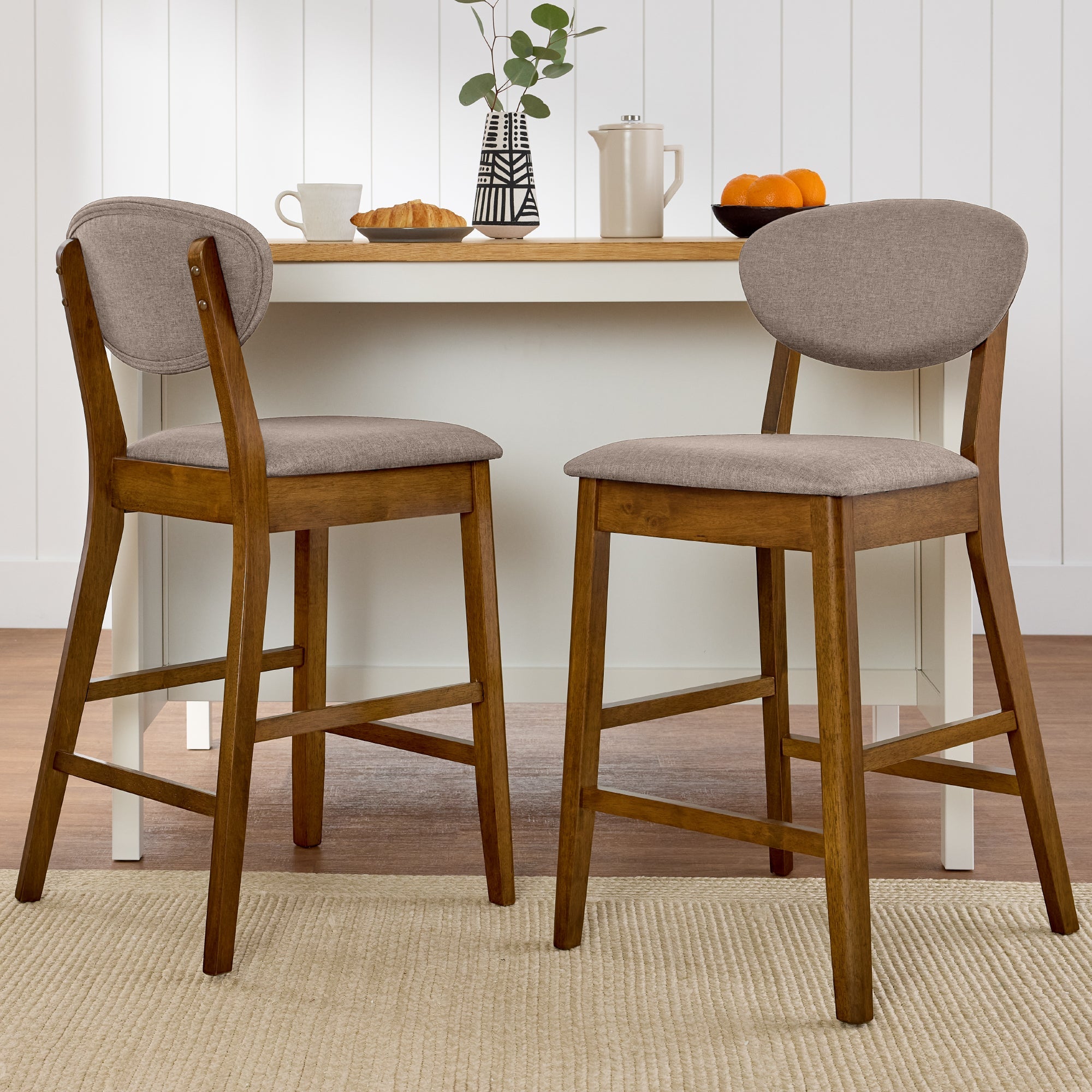 2-Piece Mid-Century Modern Wood & Upholstered Counter Height Bar Stool Set