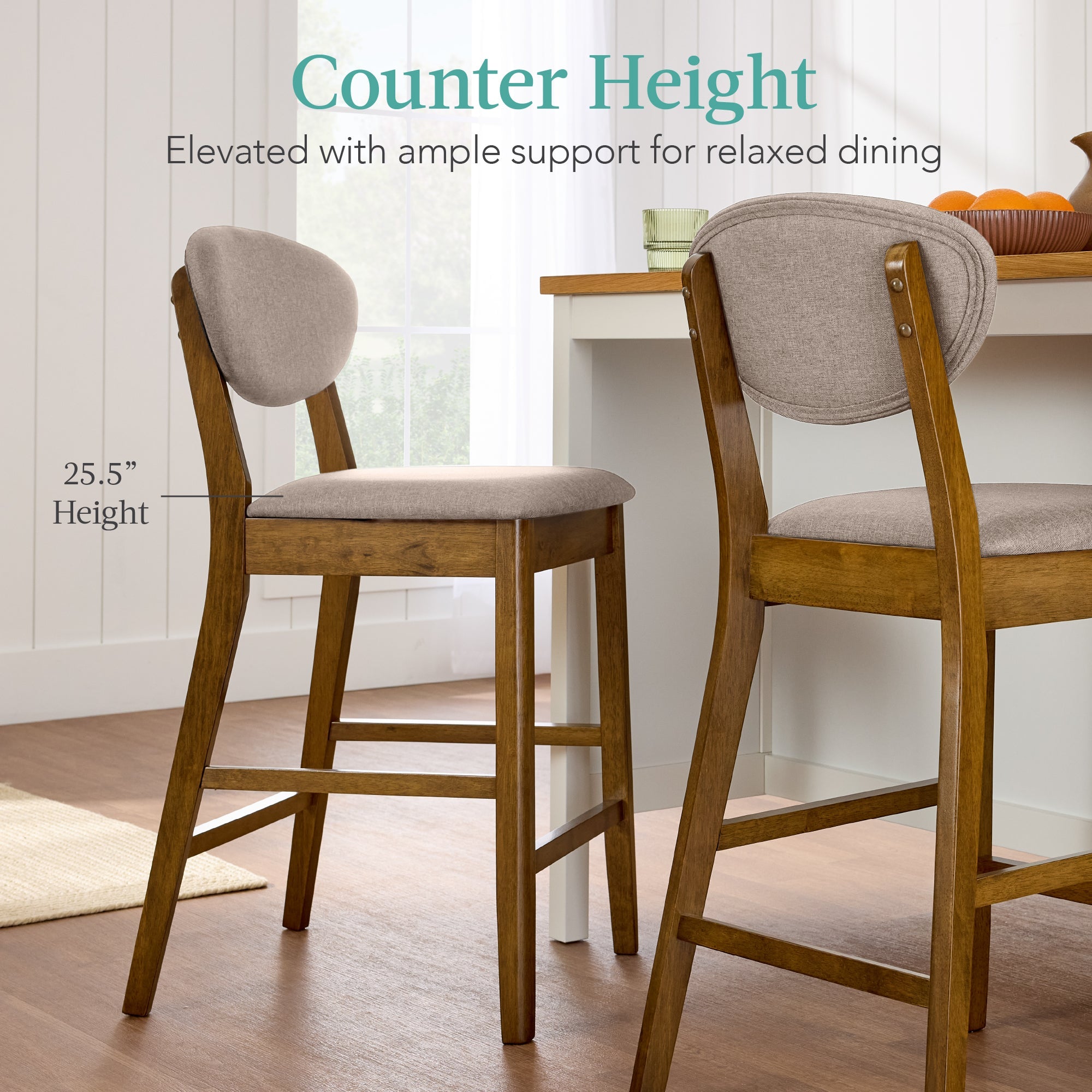2-Piece Mid-Century Modern Wood & Upholstered Counter Height Bar Stool Set