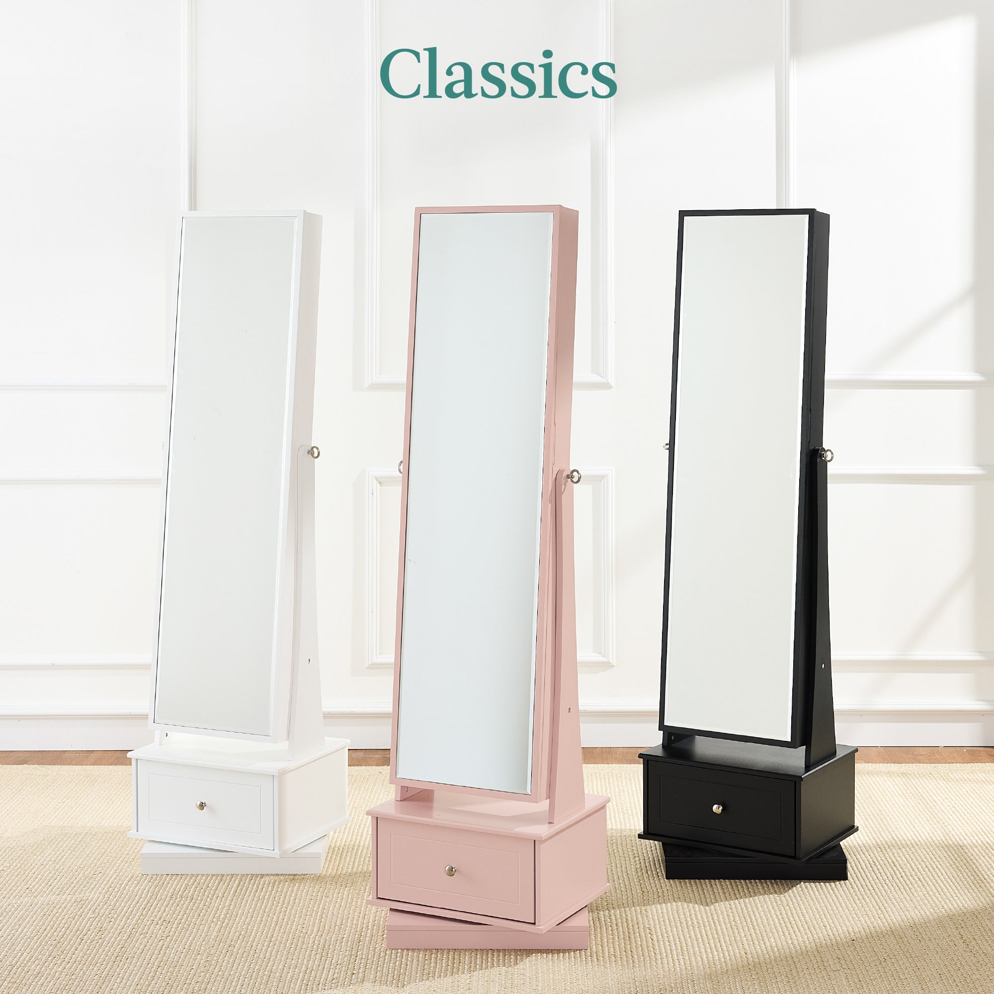 360 Swivel Mirrored Jewelry Cabinet Armoire w/ LED Lights, Mirror