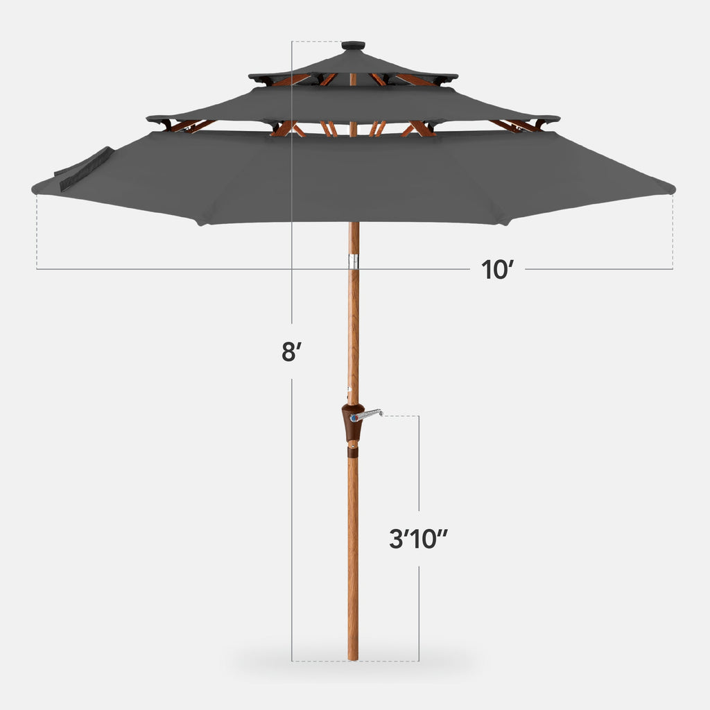 3-Tier Woodgrain Pattern Solar Patio Umbrella, Tilt Adjustment - 10ft