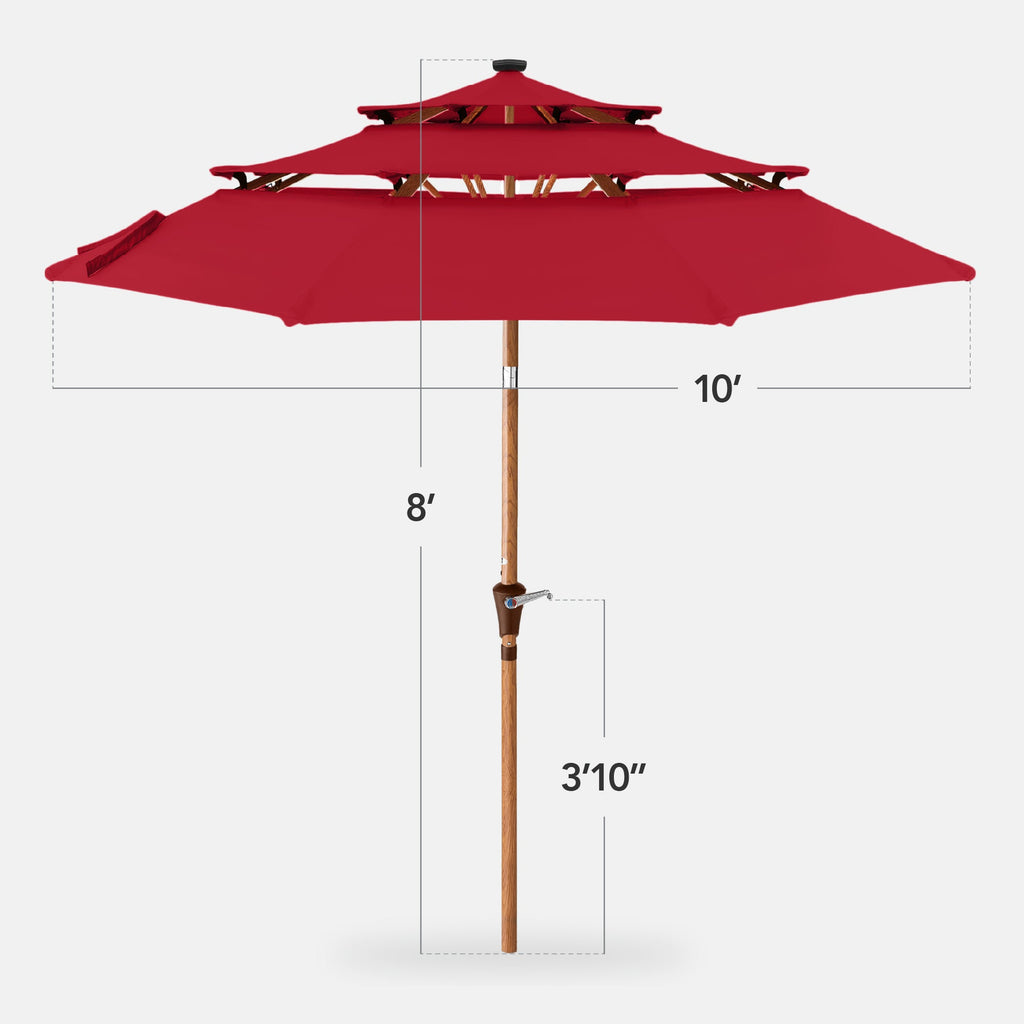 3-Tier Woodgrain Pattern Solar Patio Umbrella, Tilt Adjustment - 10ft