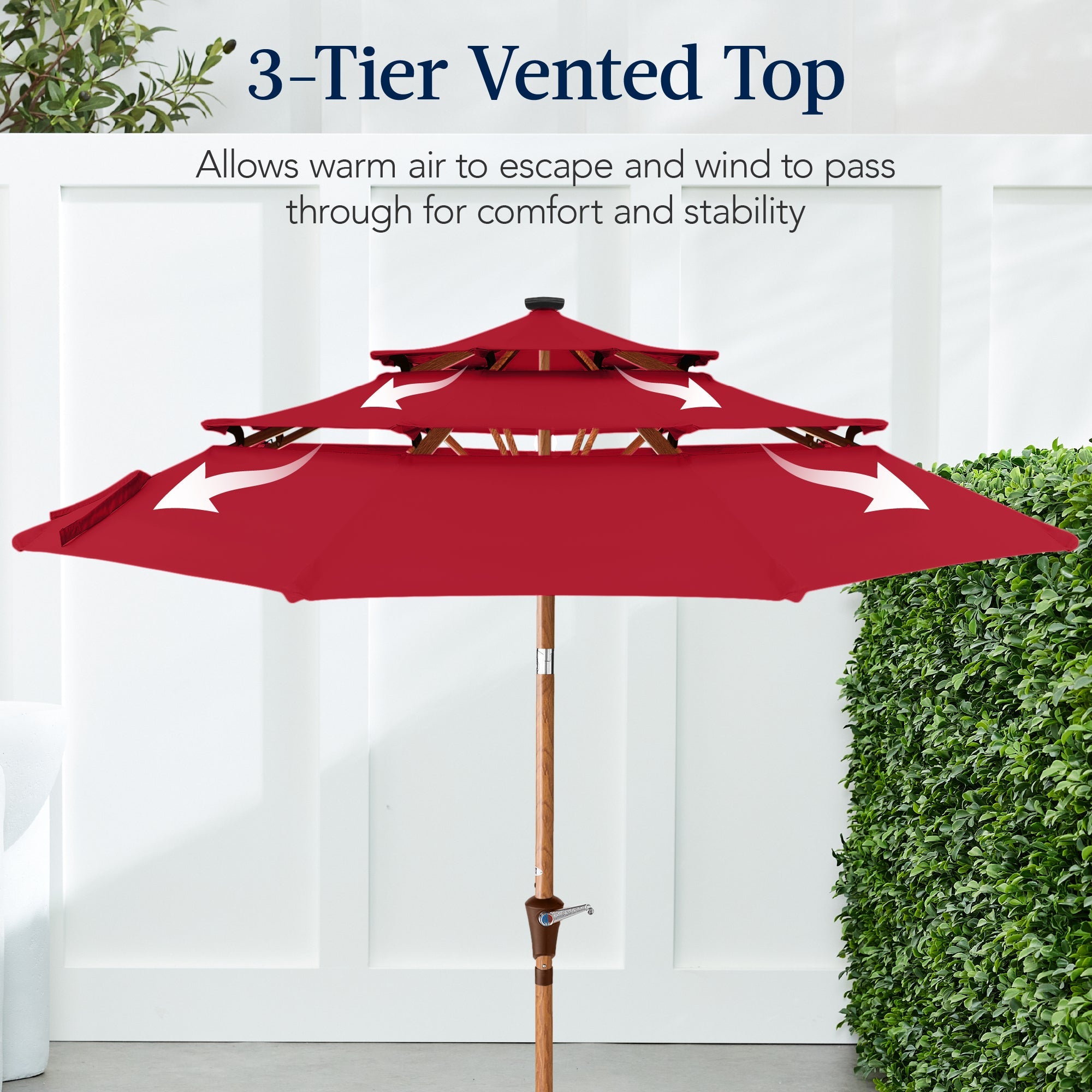 3-Tier Woodgrain Pattern Solar Patio Umbrella, Tilt Adjustment - 10ft