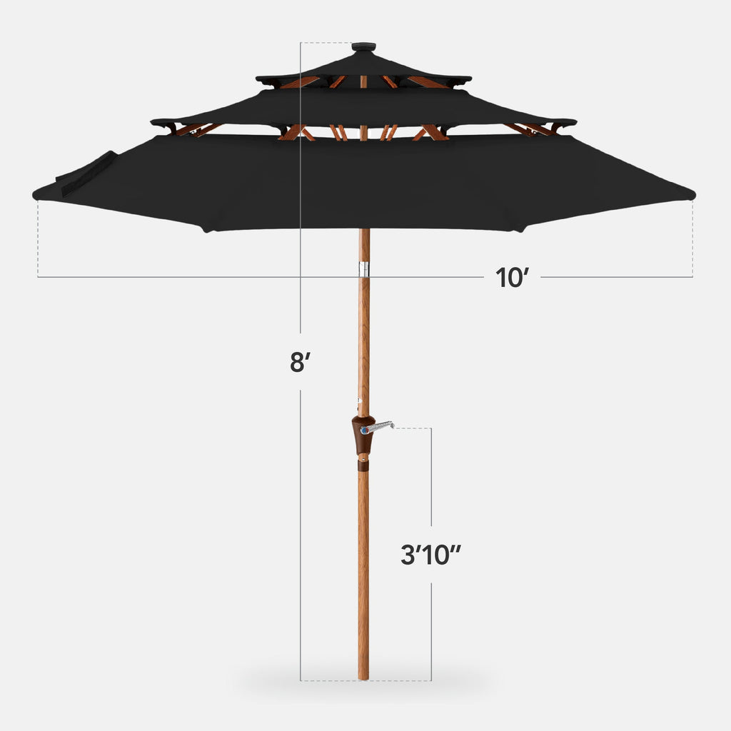 3-Tier Woodgrain Pattern Solar Patio Umbrella, Tilt Adjustment - 10ft