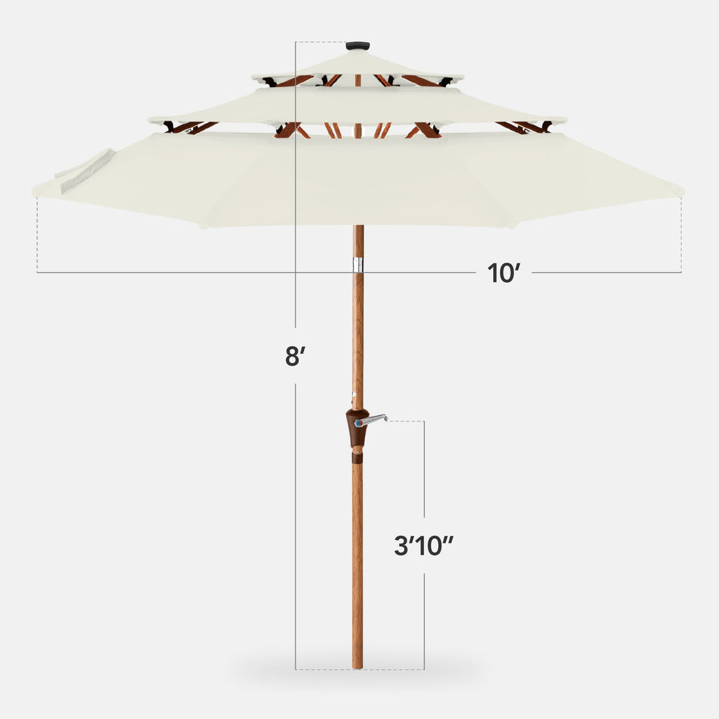 3-Tier Woodgrain Pattern Solar Patio Umbrella, Tilt Adjustment - 10ft