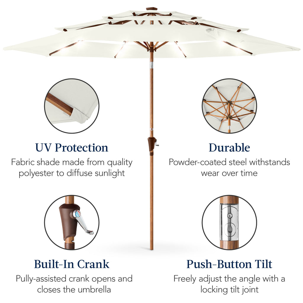 3-Tier Woodgrain Pattern Solar Patio Umbrella, Tilt Adjustment - 10ft
