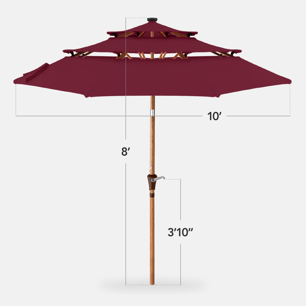 3-Tier Woodgrain Pattern Solar Patio Umbrella, Tilt Adjustment - 10ft
