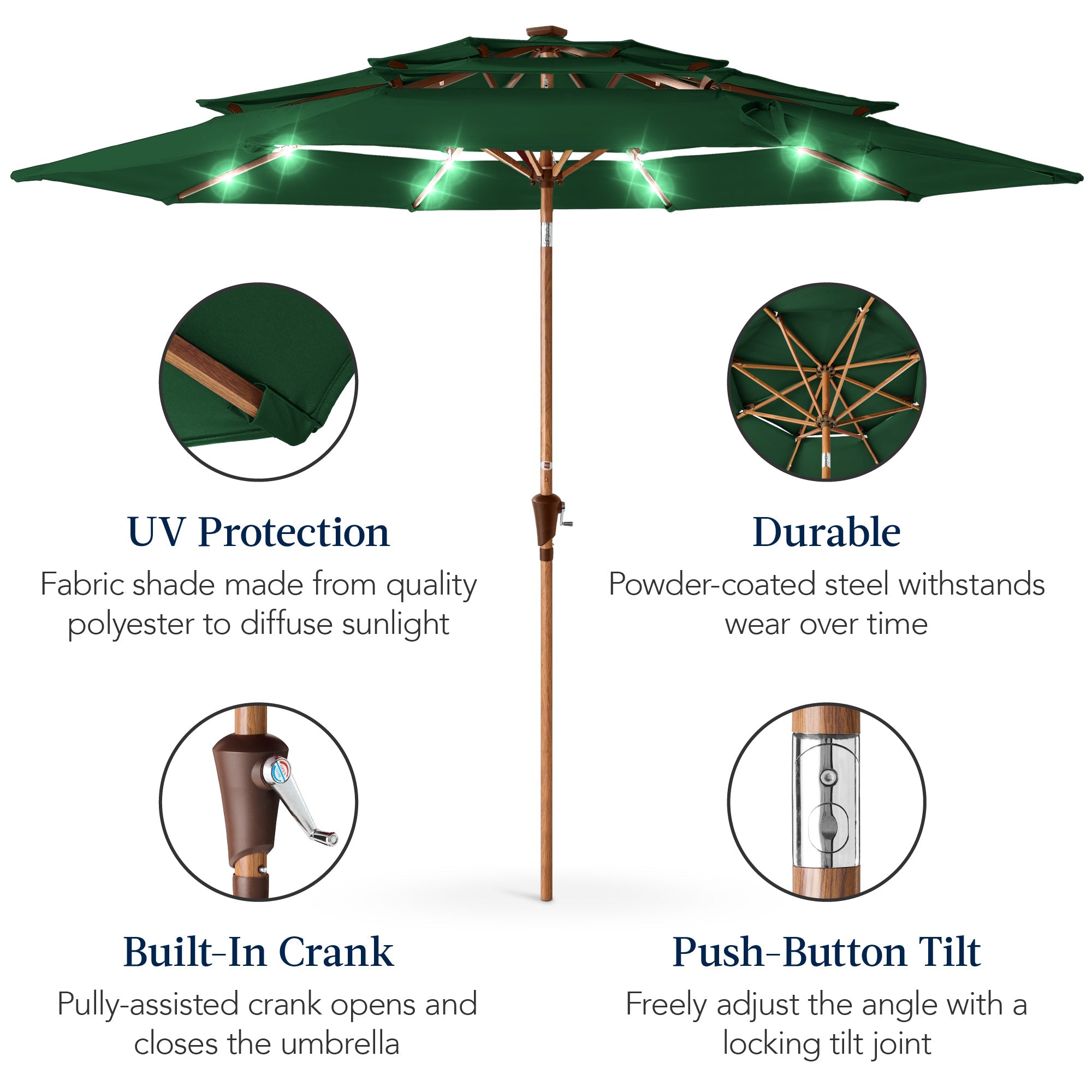 3-Tier Woodgrain Pattern Solar Patio Umbrella, Tilt Adjustment - 10ft