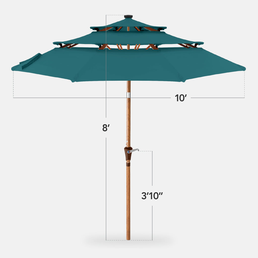 3-Tier Woodgrain Pattern Solar Patio Umbrella, Tilt Adjustment - 10ft