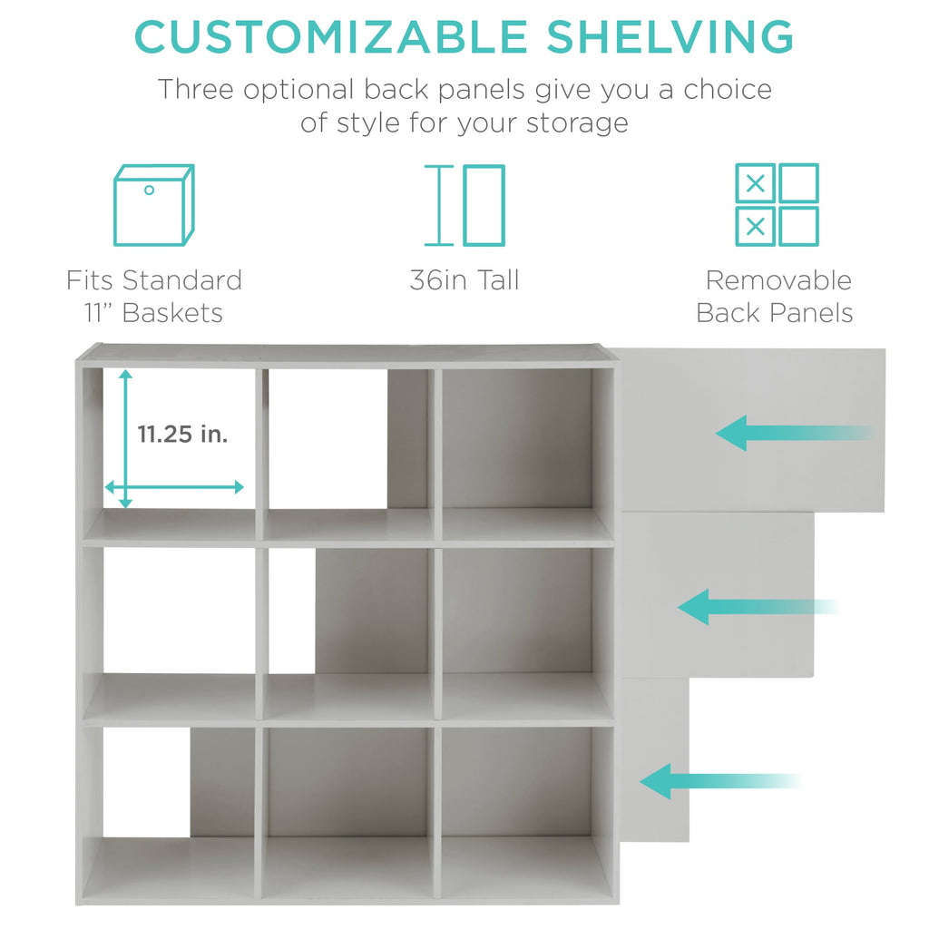 9-Cube Bookshelf Storage Display w/ 3 Removable Panels, Customizable Design