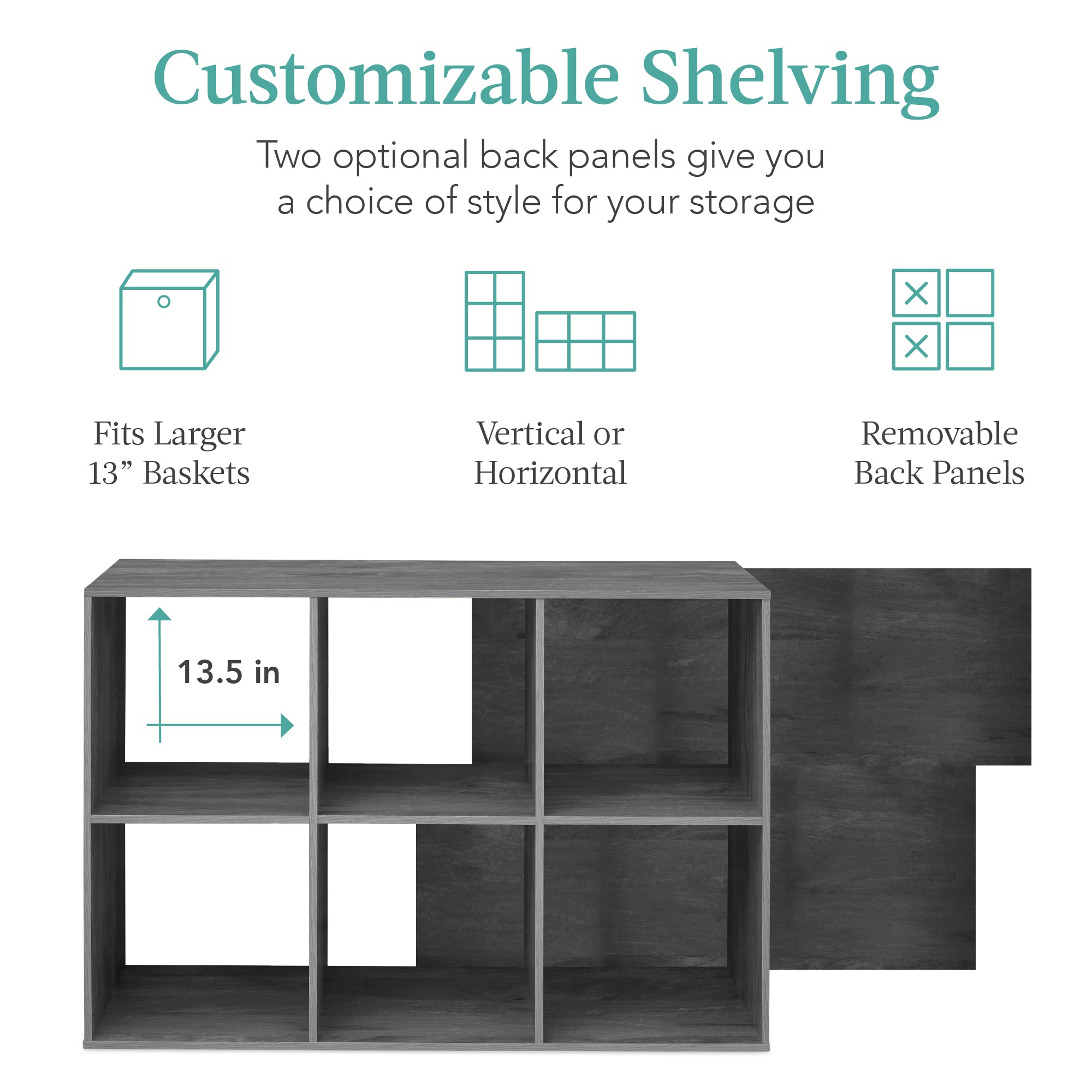6-Cube Bookshelf, 13.5in Storage Display w/ Removable Panels, Customizable